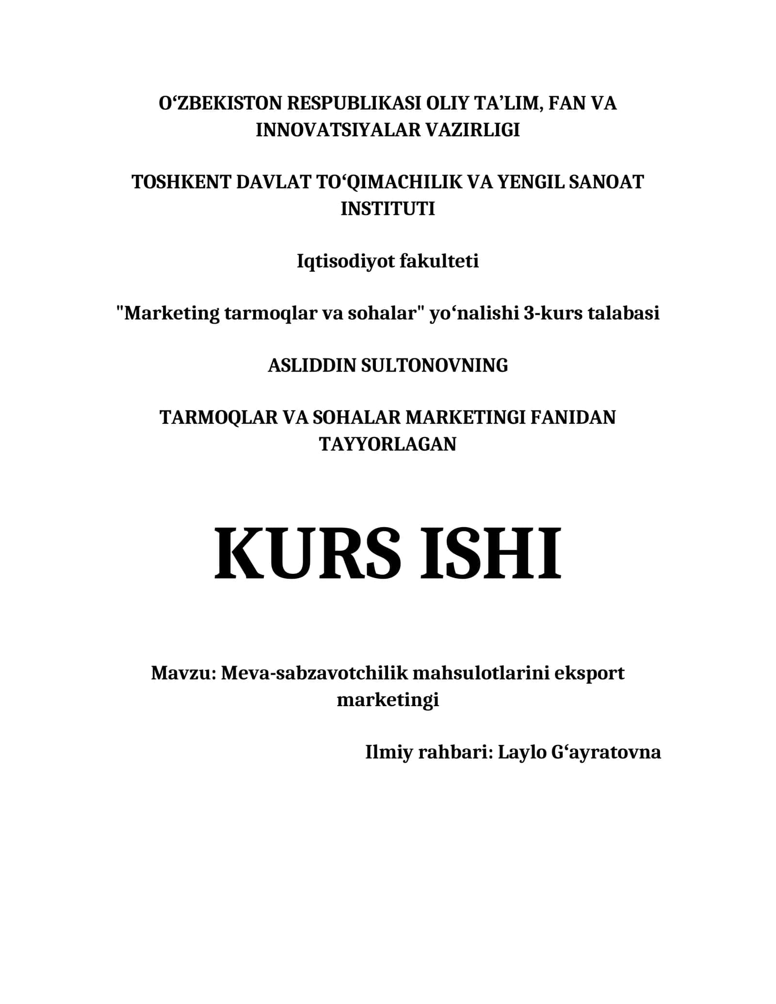 Meva-sabzavotchilik mahsulotlarini eksport marketingi