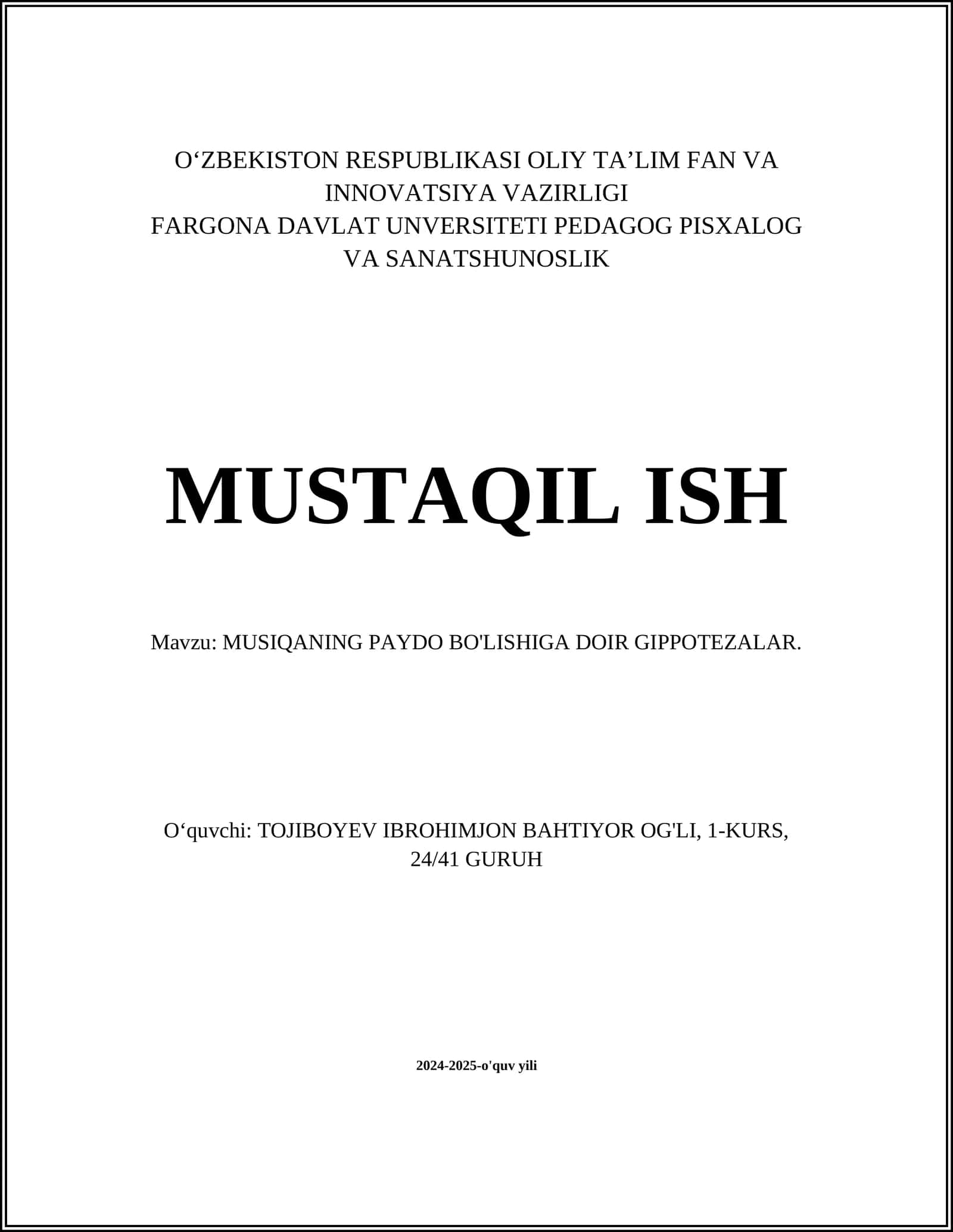 MUSIQANING PAYDO BO'LISHIGA DOIR GIPPOTEZALAR