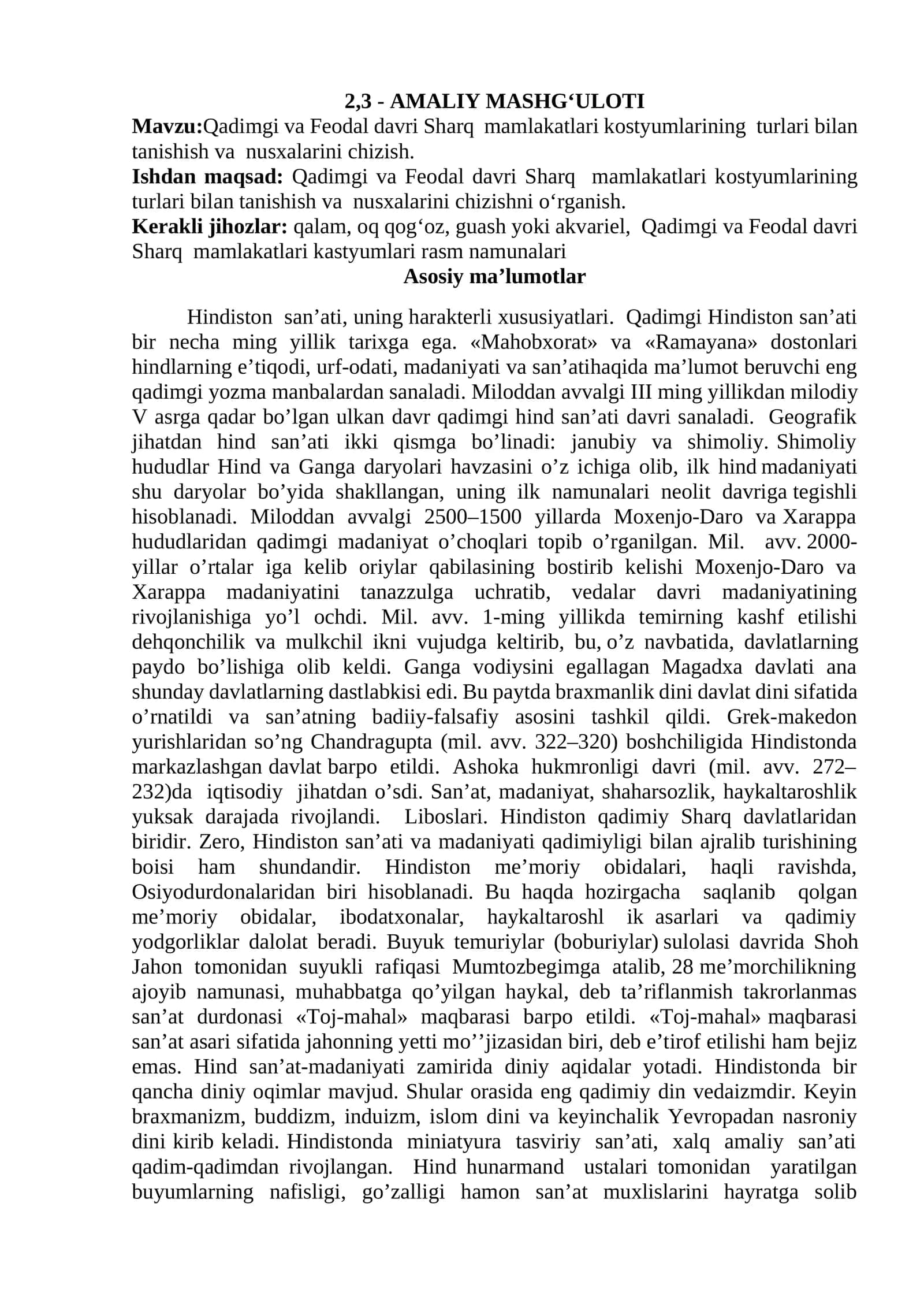 Qadimgi va Feodal davri Sharq mamlakatlari kastyumlari
