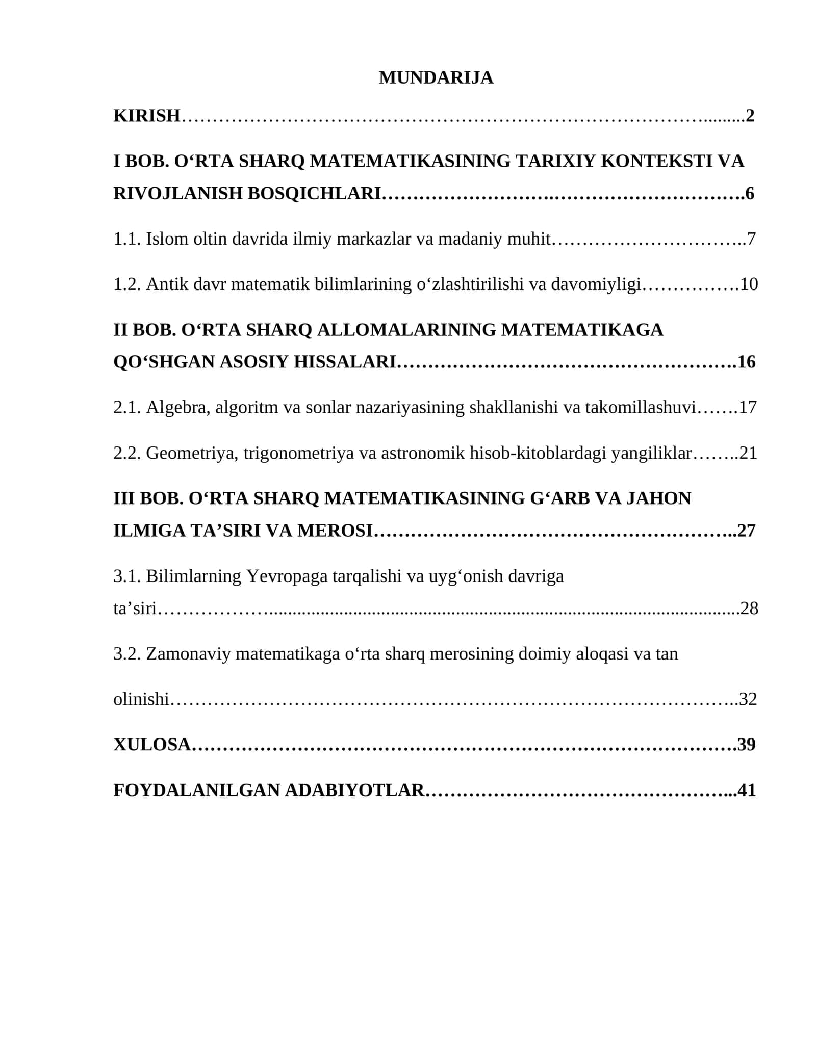 O‘RTA SHARQ ALLOMALARINING MATEMATIKAGA QO’SHGAN HISSASI