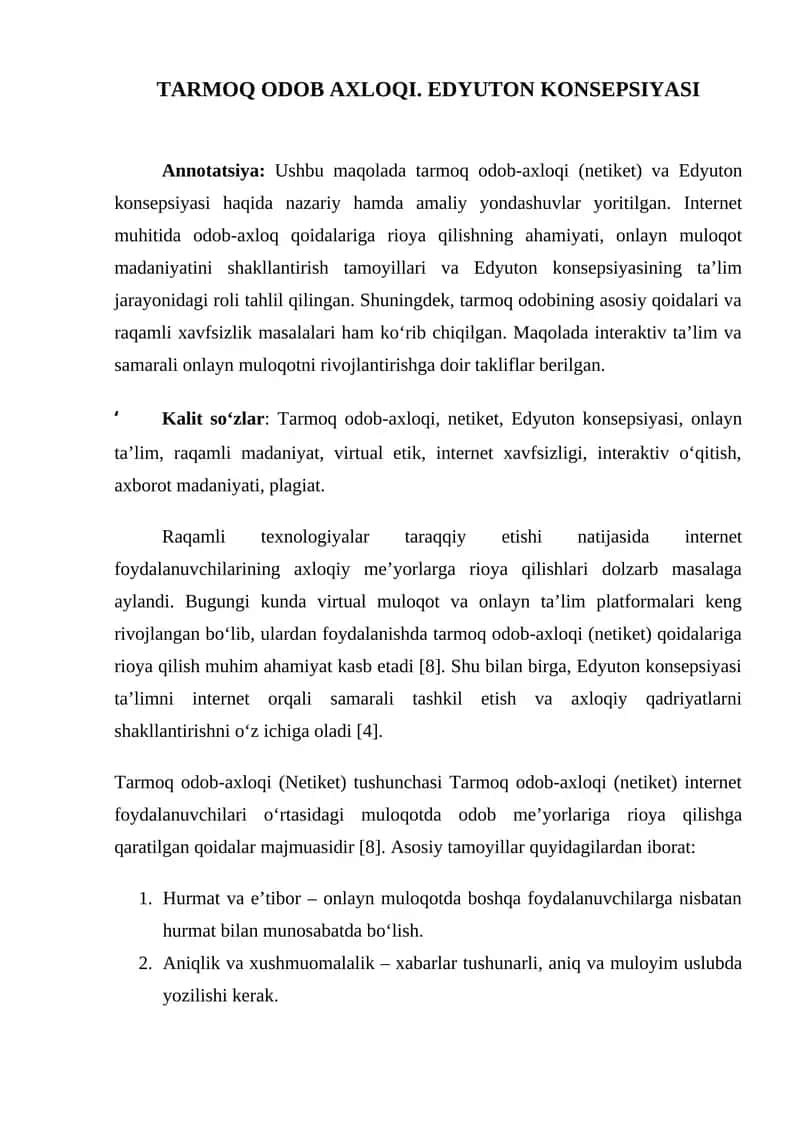Tarmoq Odob-Axloqi. Edyuton Konsepsiyasi