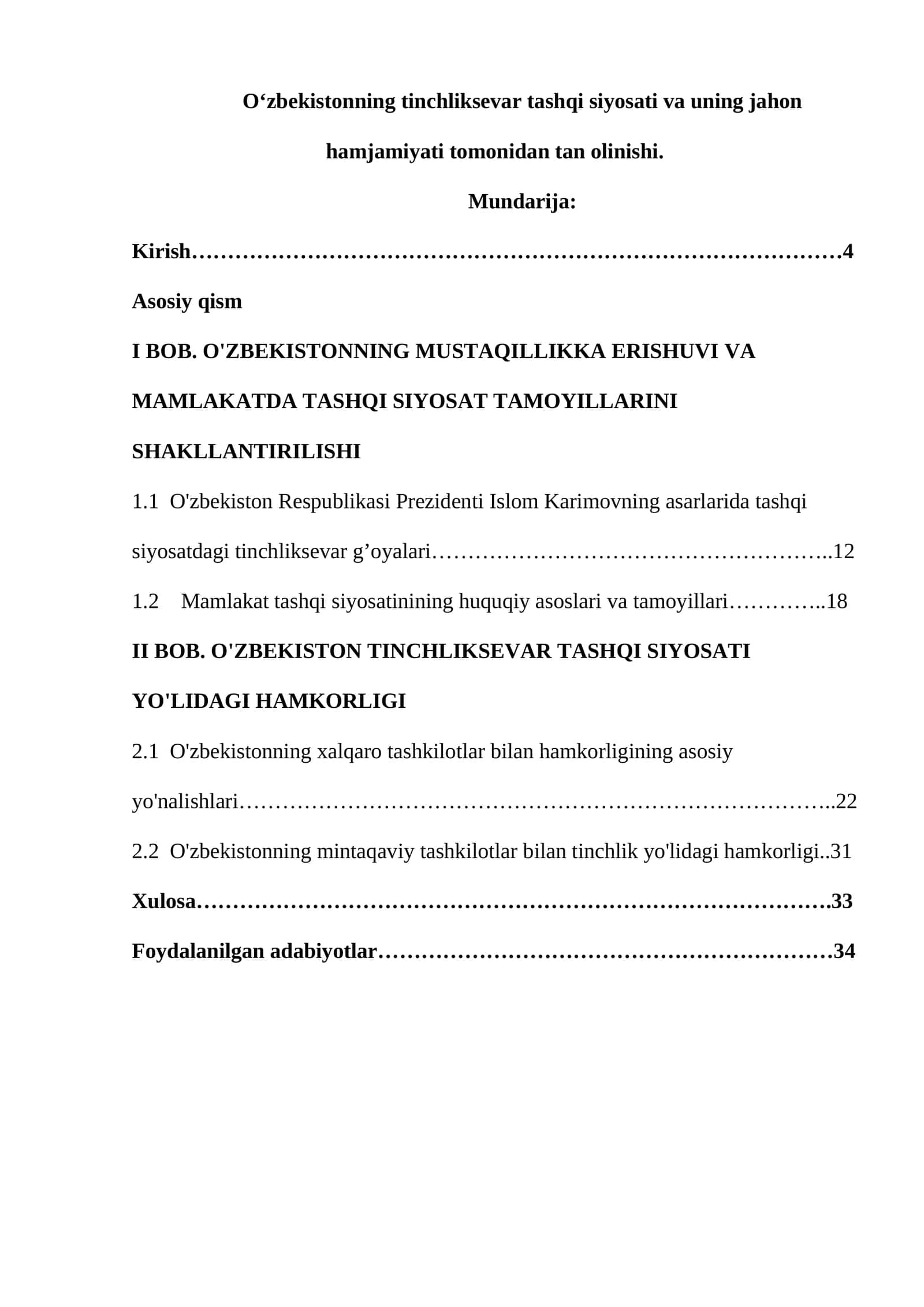 O'zbekistonning tinchliksevar tashqi siyosati va uning jahon hamjamiyati tomonidan tan olinishi