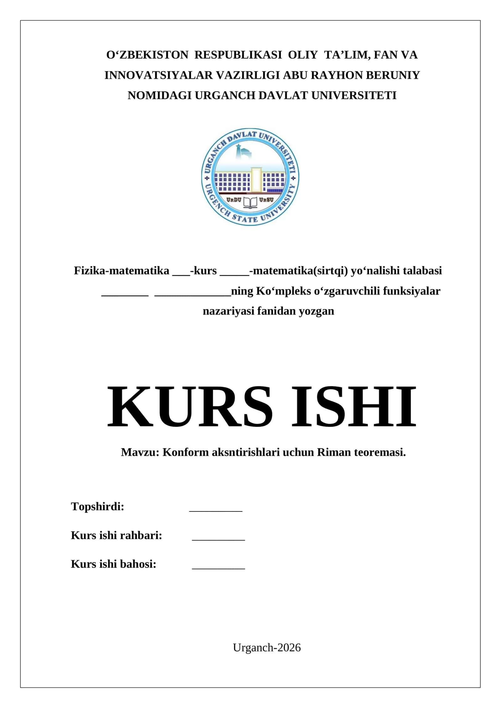 Konform aksntirishlari uchun Riman teoremasi.
