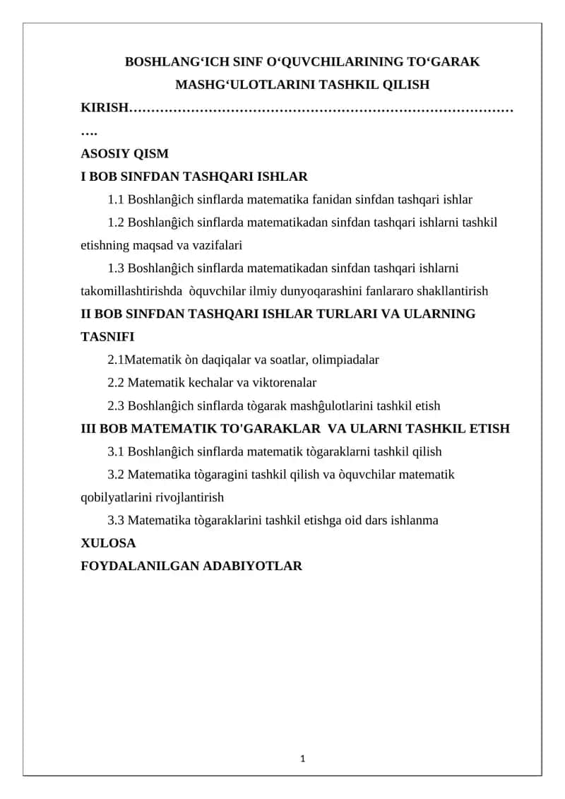 Boshlangʻich sinflarda matematikadan sinfdan tashqari ishlar