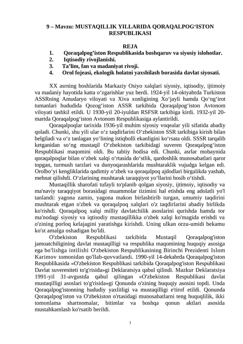 MUSTAQILLIK YILLARIDA QORAQALPOG‘ISTON RESPUBLIKASI
