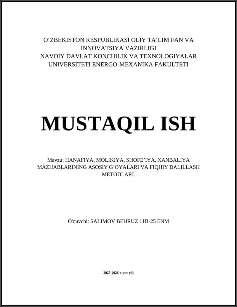 HANAFIYA, MOLIKIYA, SHOFEʼIYA, XANBALIYA MAZHABLARINING ASOSIY G’OYALARI VA FIQHIY DALILLASH METODLARI