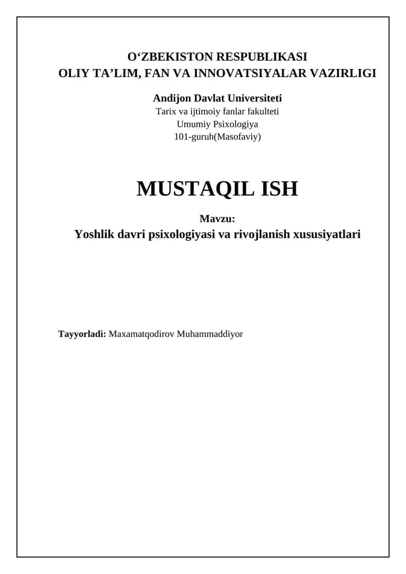 Yoshlik davri psixologiyasi va rivojlanish xususiyatlari