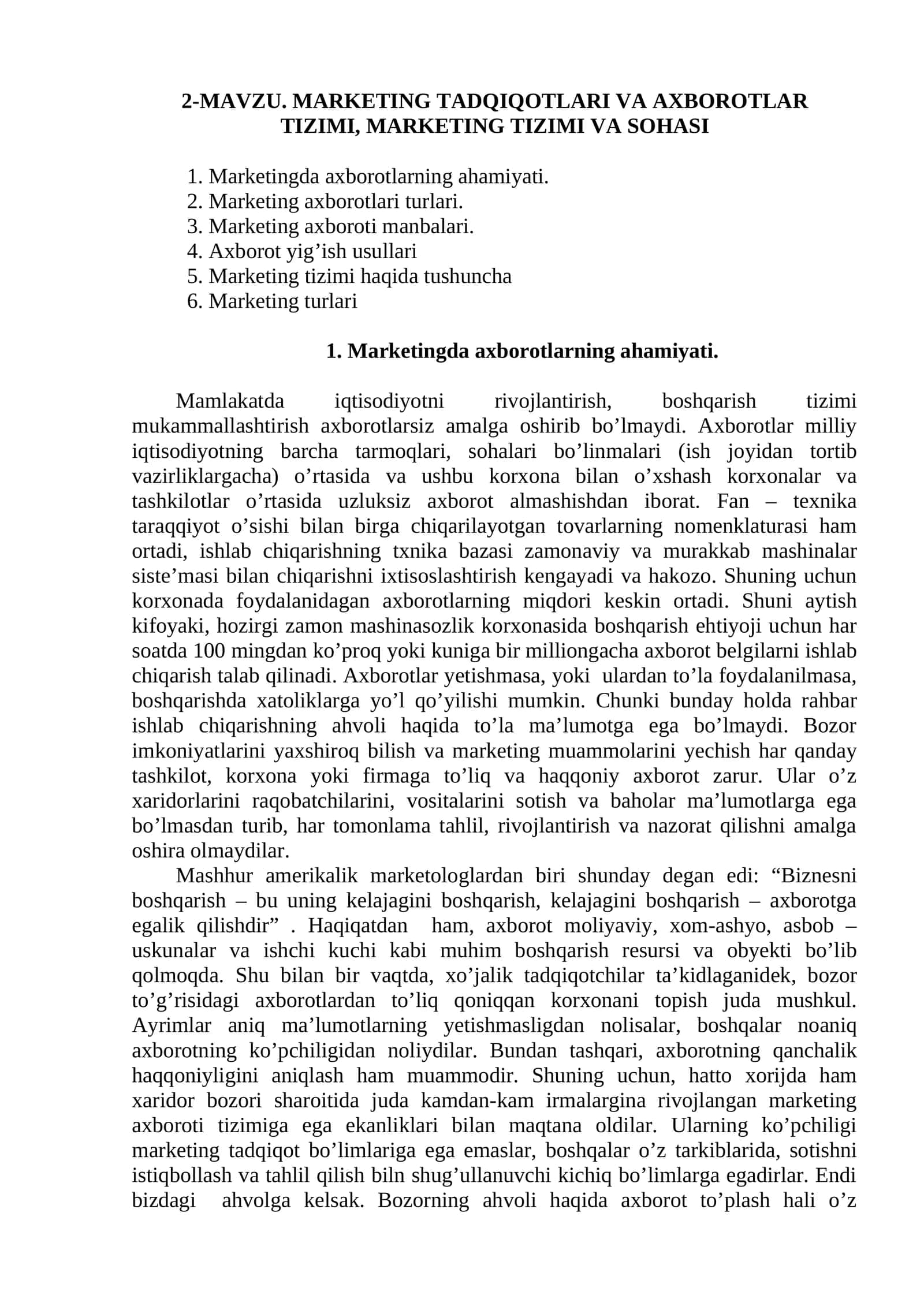 MARKETING TADQIQOTLARI VA AXBOROTLAR TIZIMI, MARKETING TIZIMI VA SOHASI