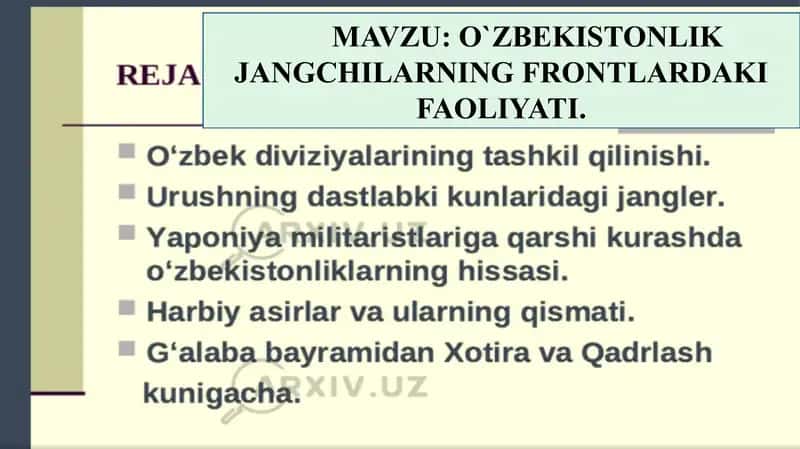 O‘ZBEKISTONLIK JANGCHILARNING FRONTLARDAKI FAOLIYATI