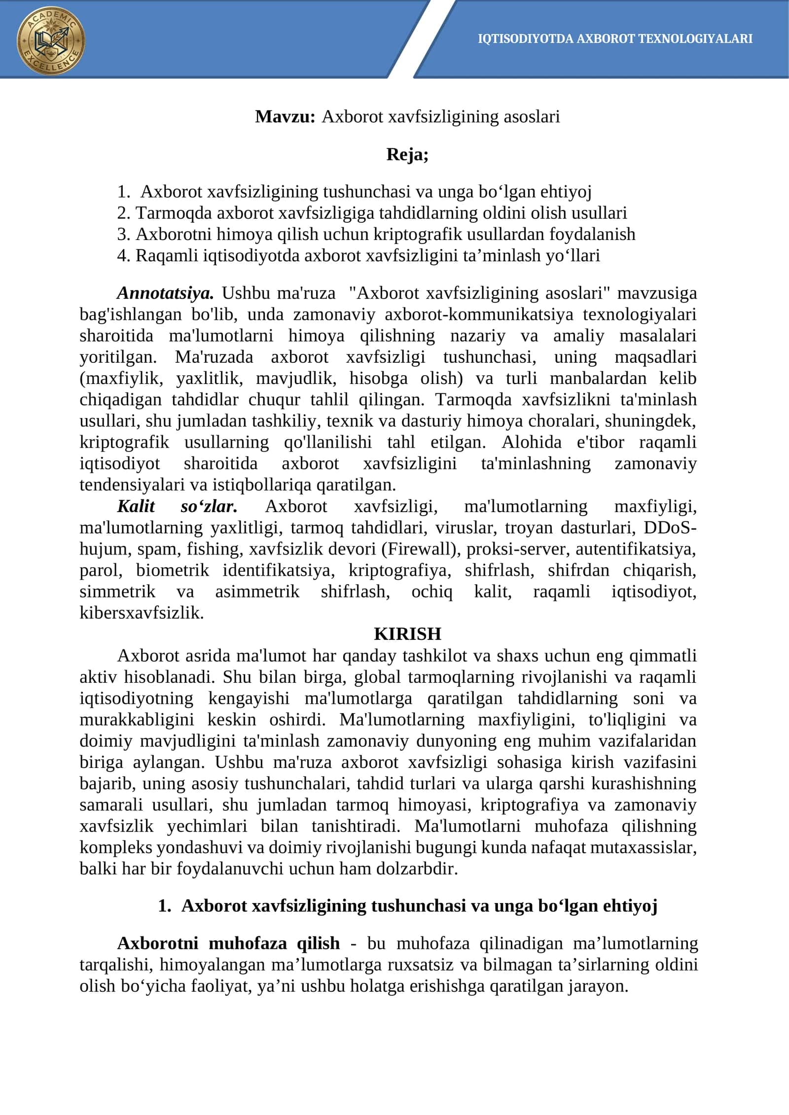 Axborot xavfsizligining asoslari