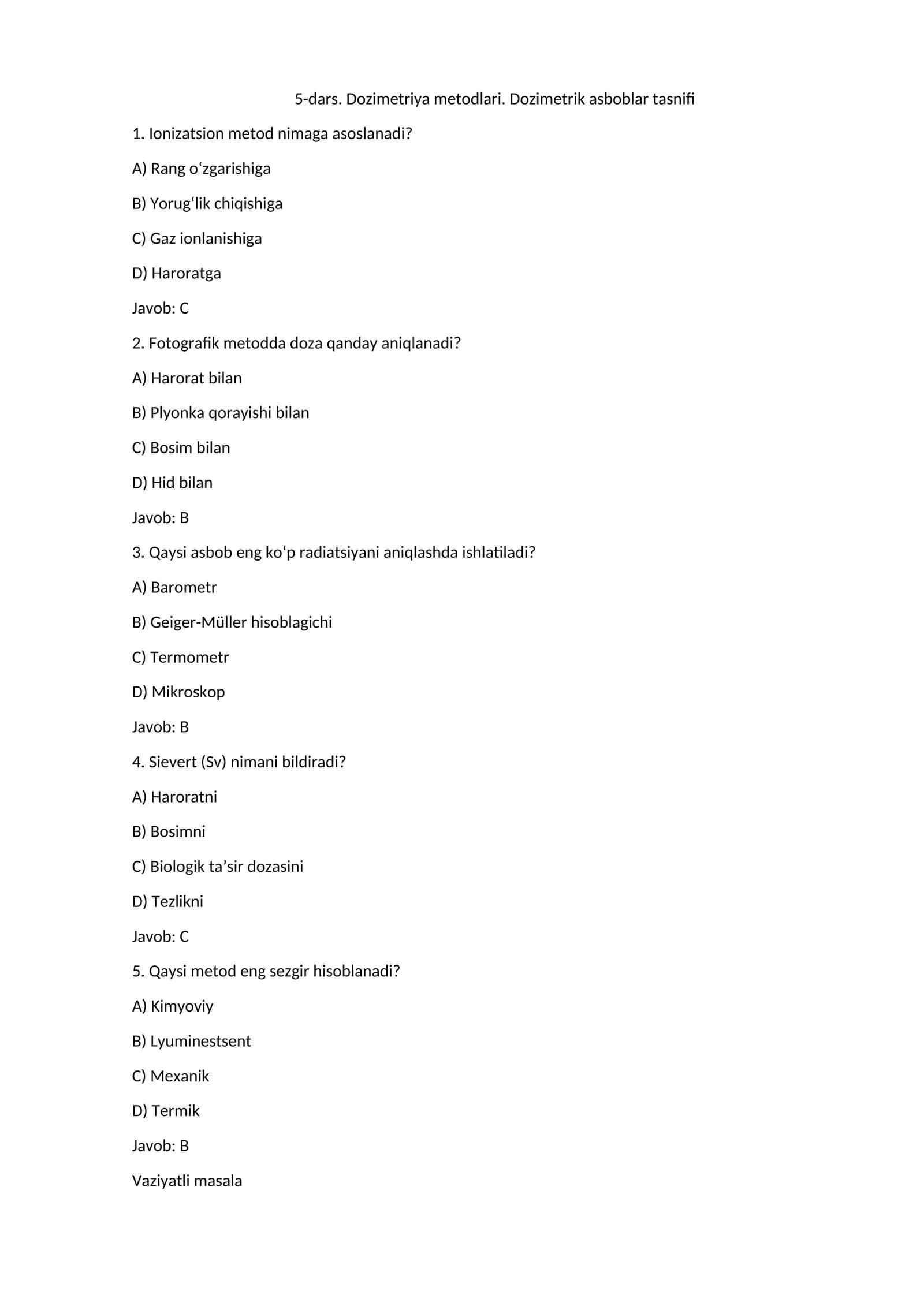 Dozimetriya metodlari. Dozimetrik asboblar tasnifi