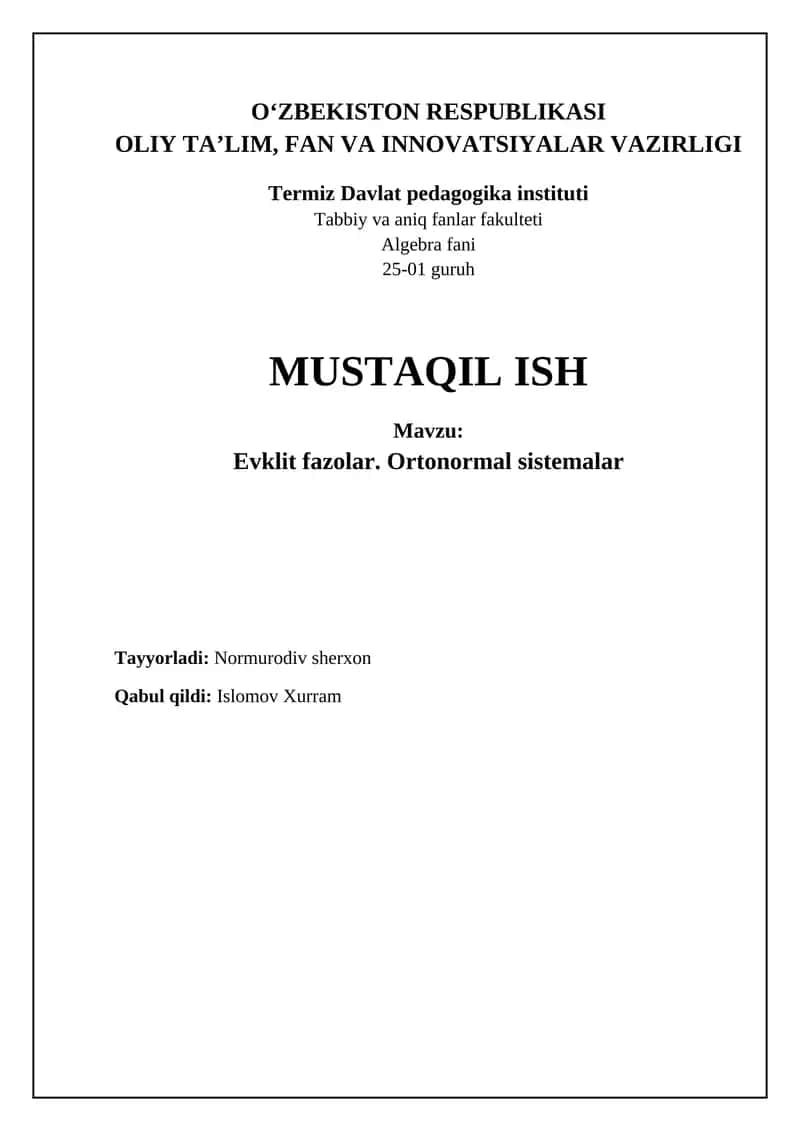 Evklid fazolari va Ortonormal sistemalar