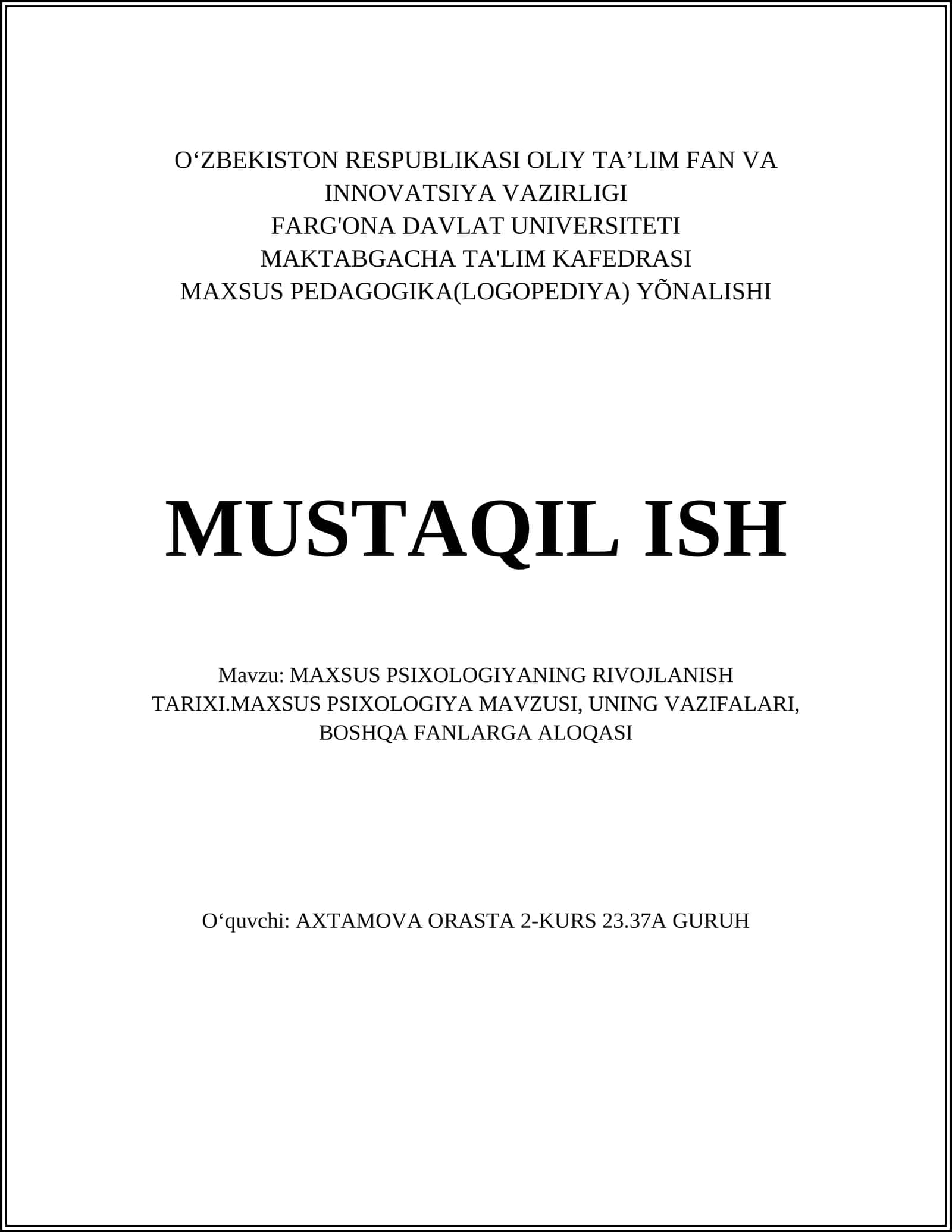 MAXSUS PSIXOLOGIYANING RIVOJLANISH TARIXI