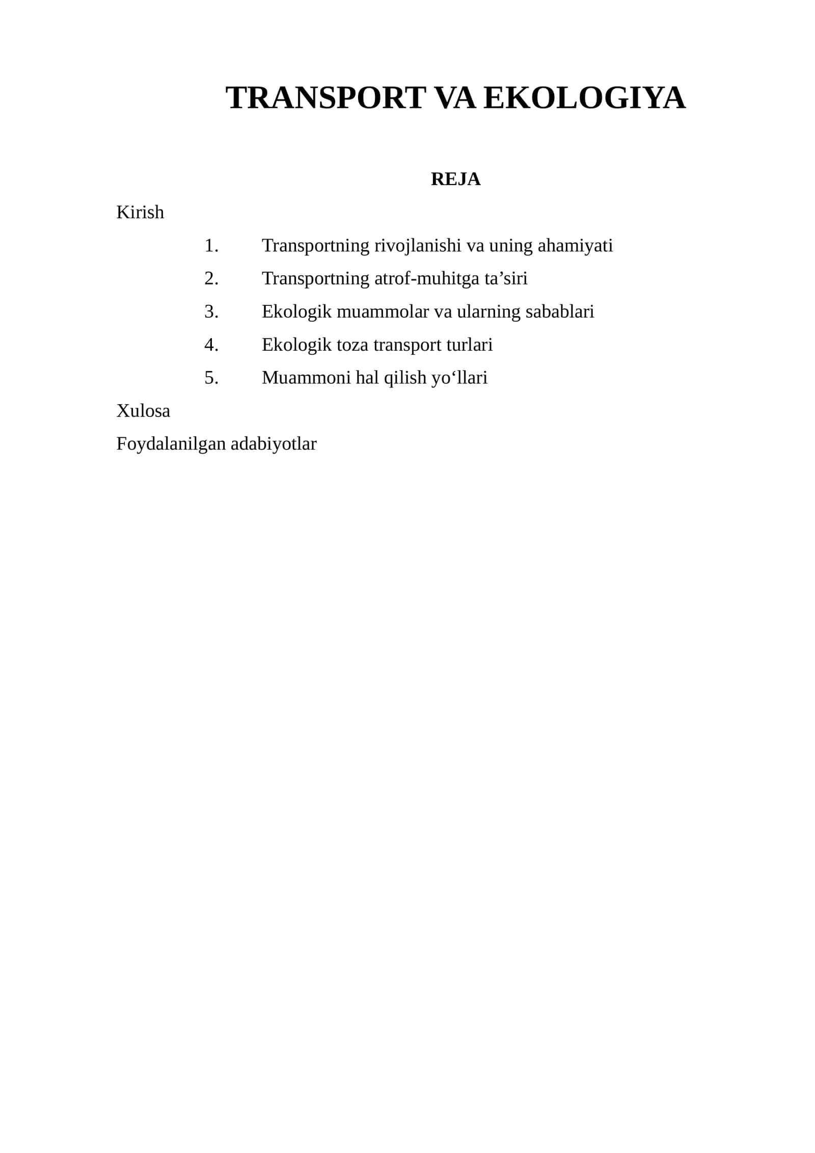 TRANSPORT VA EKOLOGIYA