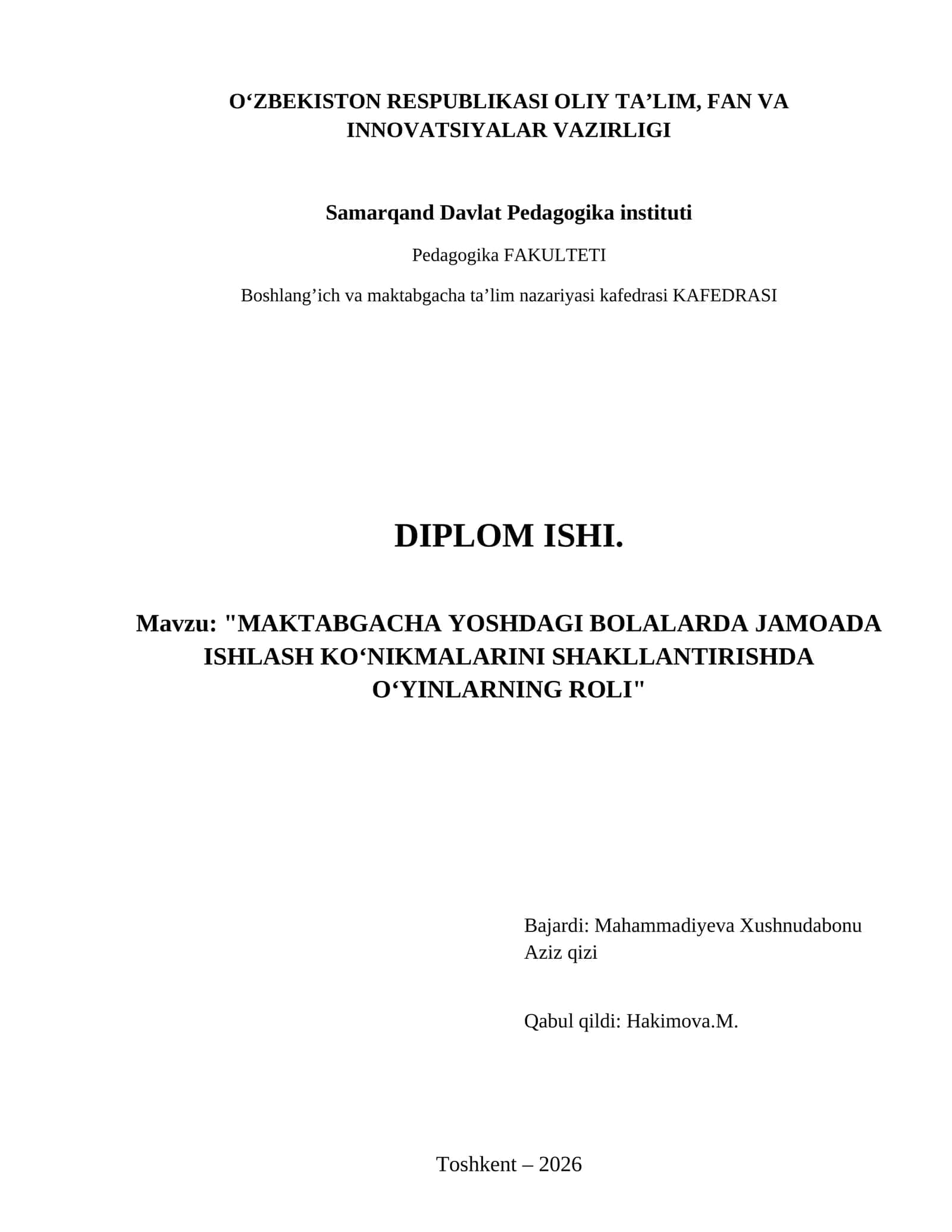 Maktabgacha yoshdagi bolalarda jamoada ishlash ko‘nikmalarini shakllantirishda o‘yinlarning roli