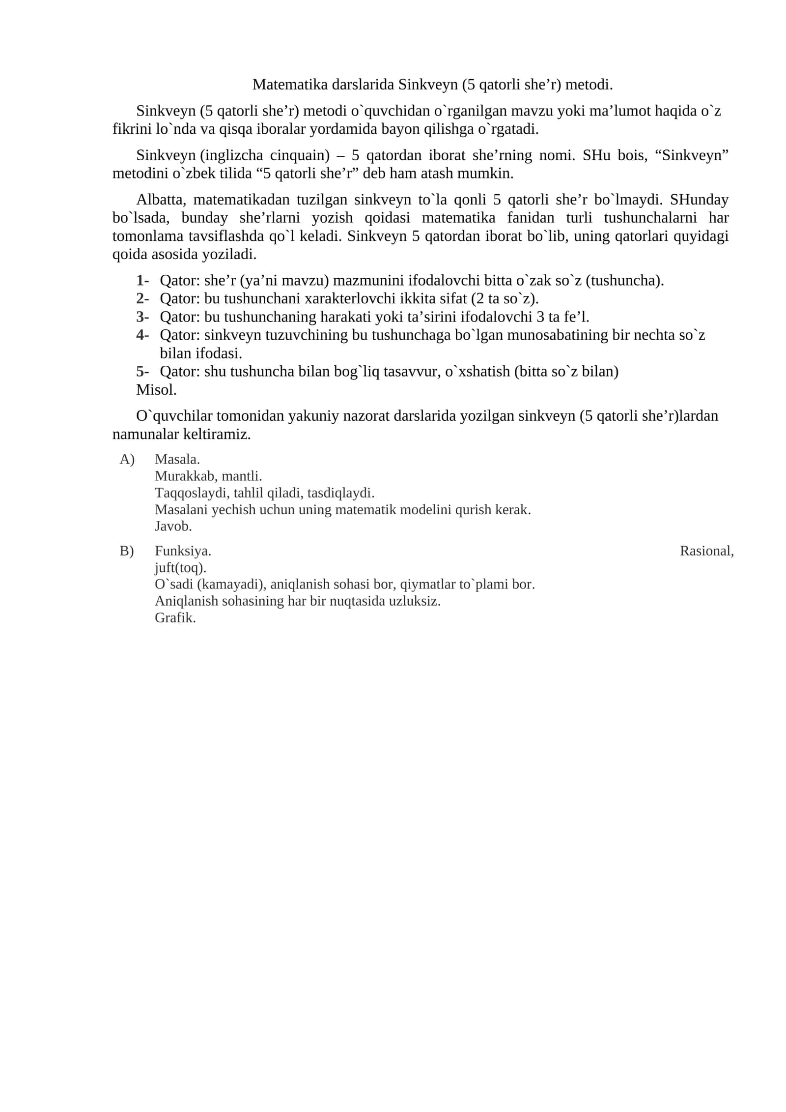 Sinkveyn (5 qatorli she’r) metodi