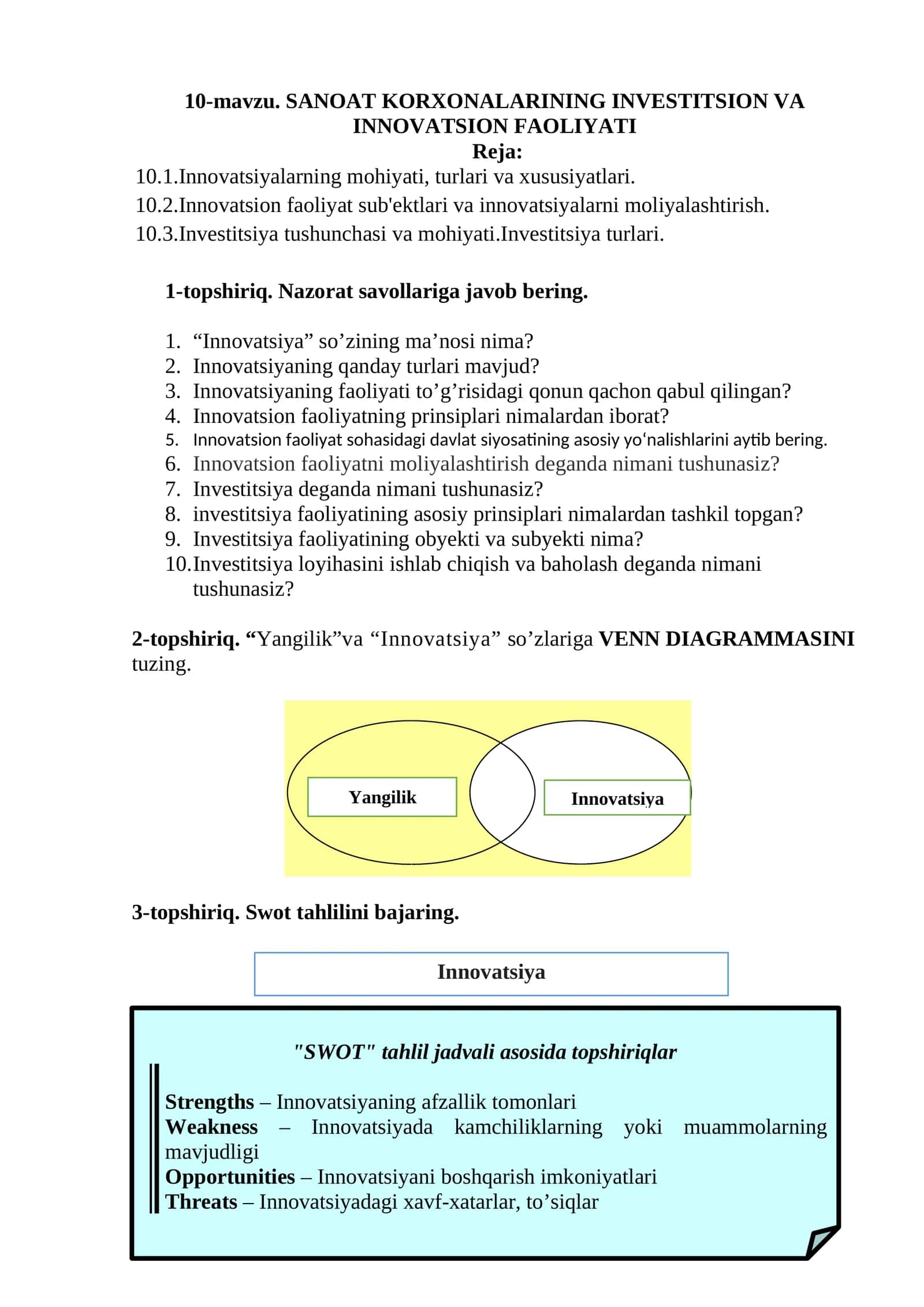 10-mavzu. SANOAT KORXONALARINING INVESTITSION VA INNOVATSION FAOLIYATI