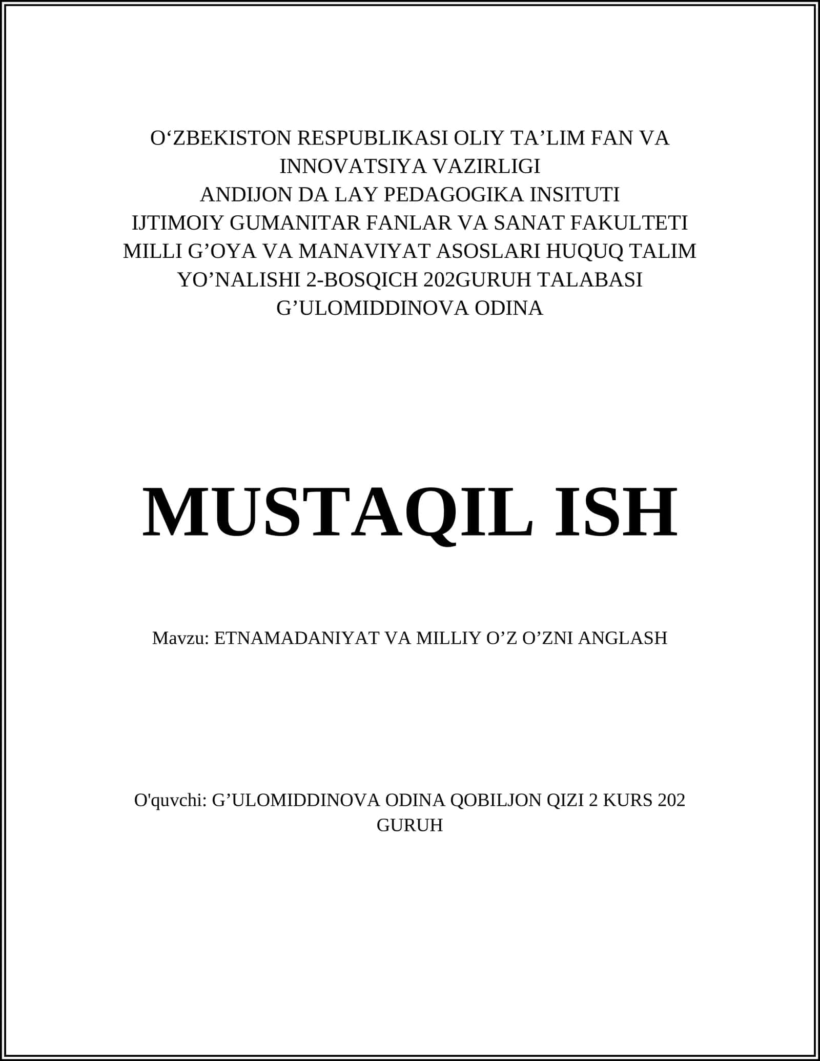 Milli G’oya va Manaviyat Asoslari Huquq Talim Yo’nalishi 2-Bosqich