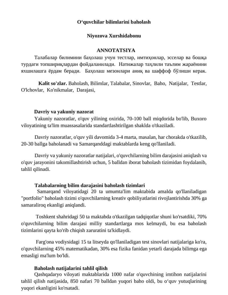 Oʻquvchilar bilimlarini baholash