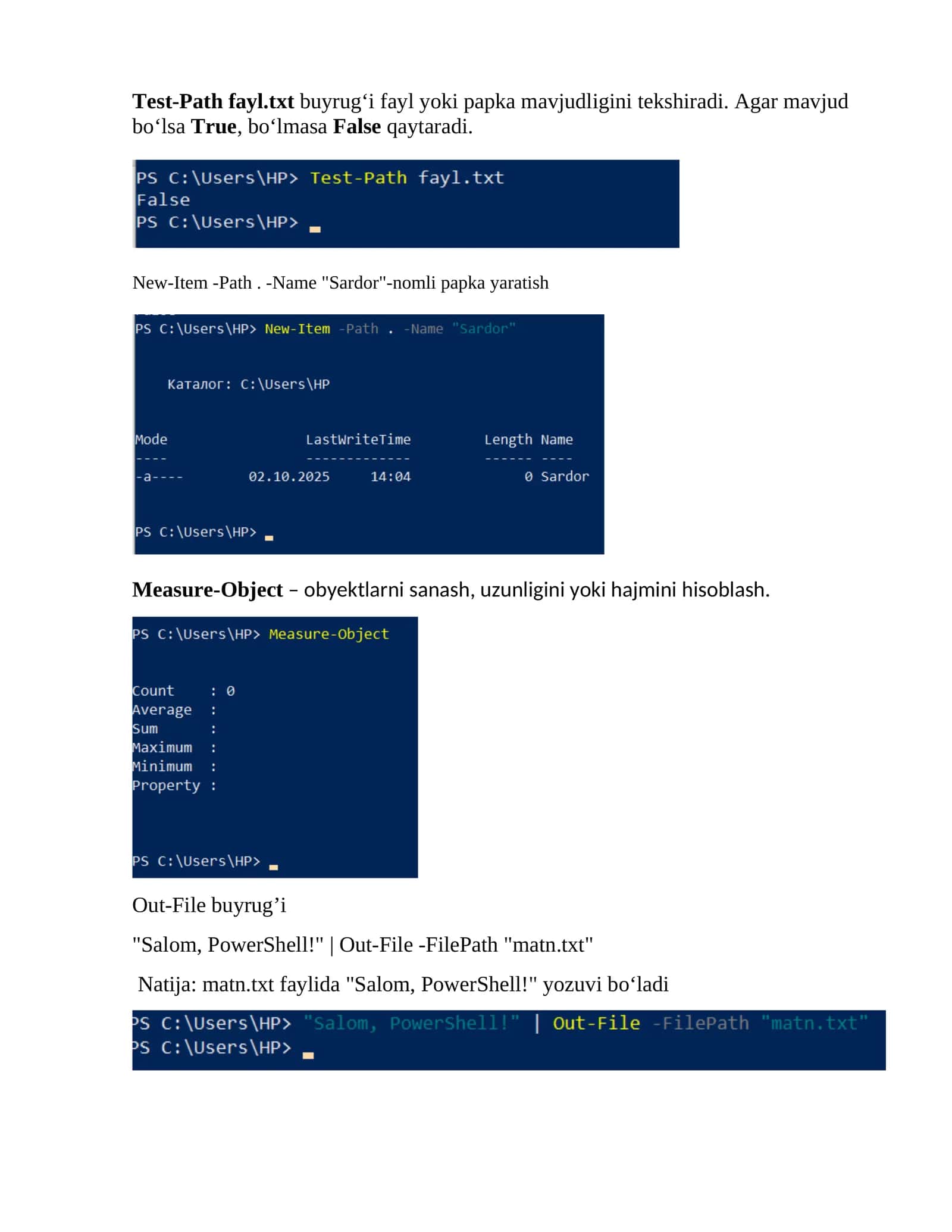 Test-Path fayl.txt buyrug‘i