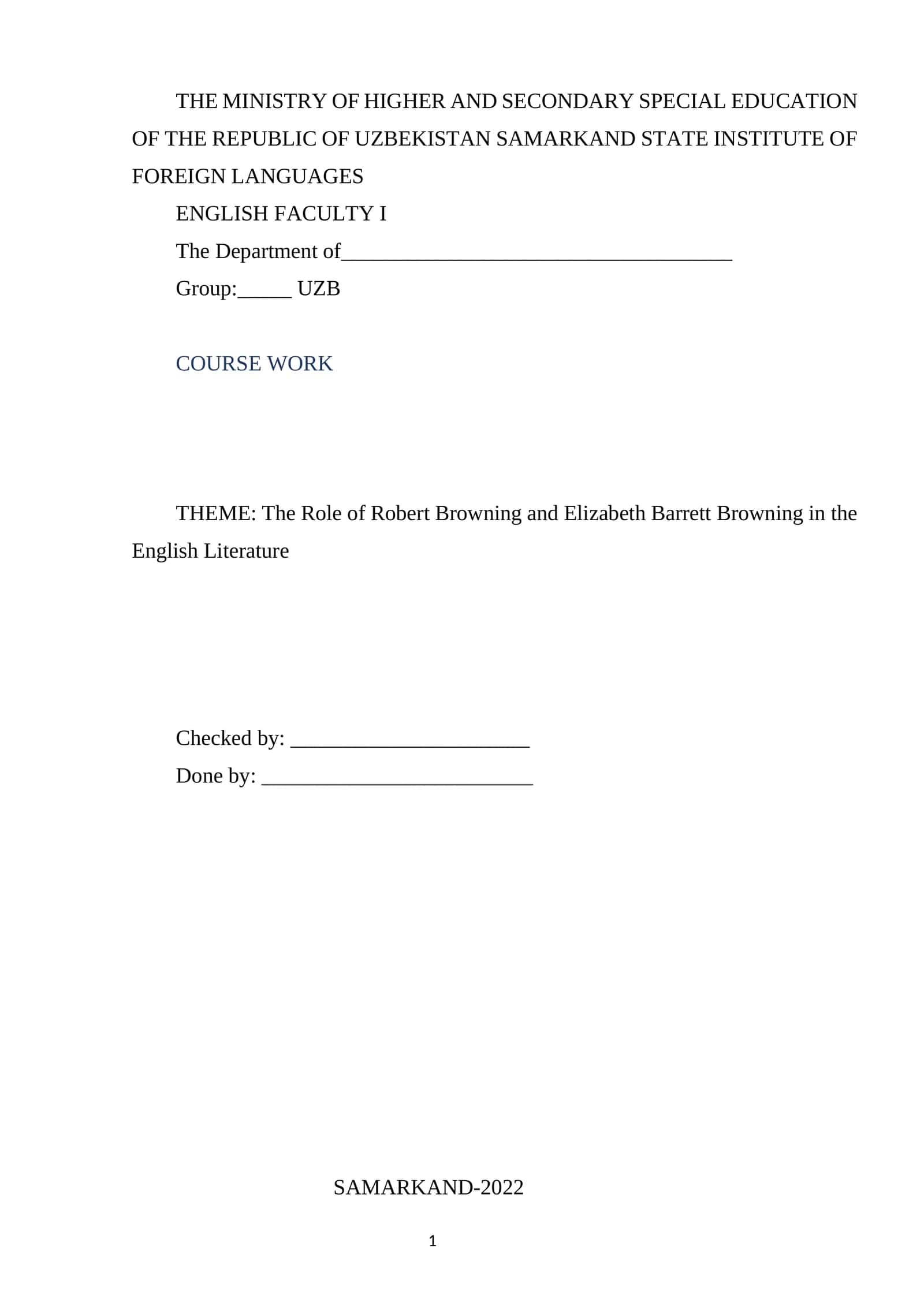 Course Work on Robert Browning and Elizabeth Barrett Browning