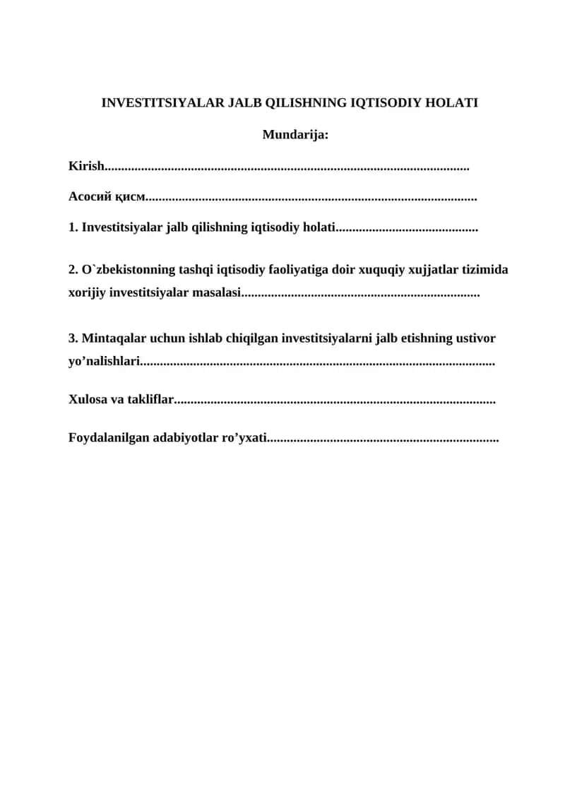 INVESTITSIYALAR JALB QILISHNING IQTISODIY HOLATI