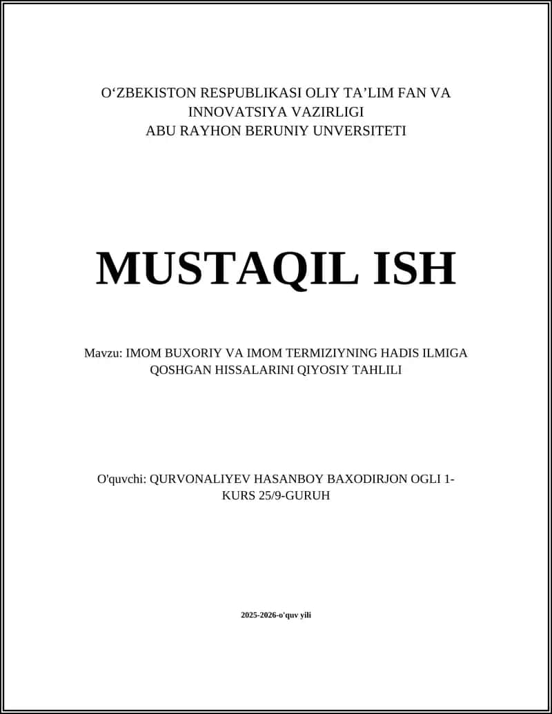 IMOM BUXORIY VA IMOM TERMIZIYNING HADIS ILMIGA QOSHGAN HISSALARINI QIYOSIY TAHLILI