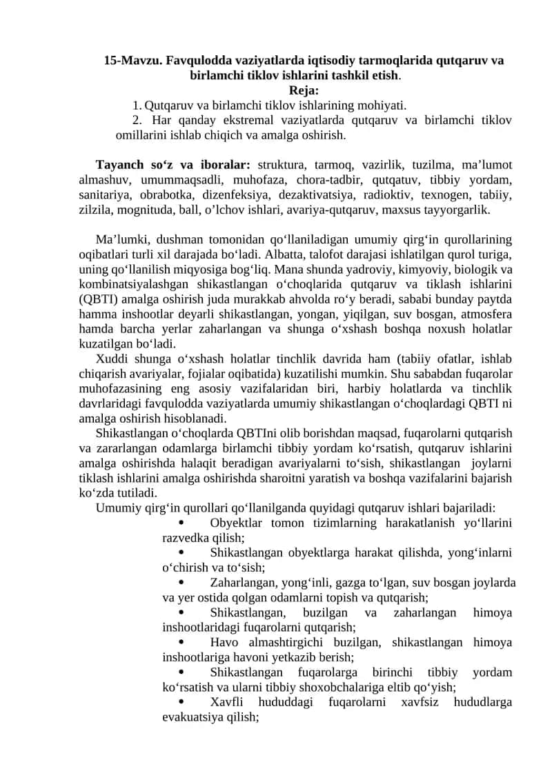 Favqulodda vaziyatlarda iqtisodiy tarmoqlarida qutqaruv va birlamchi tiklov ishlarini tashkil etish