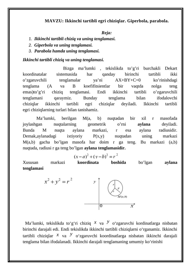 Ikkinchi tartibli egri chiziqlar. Giperbola, parabola