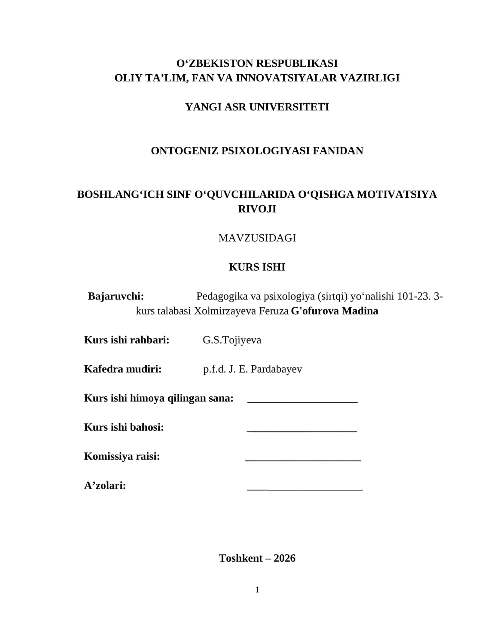 Boshlang‘ich sinf o‘quvchilarida o‘qishga motivatsiya rivoji