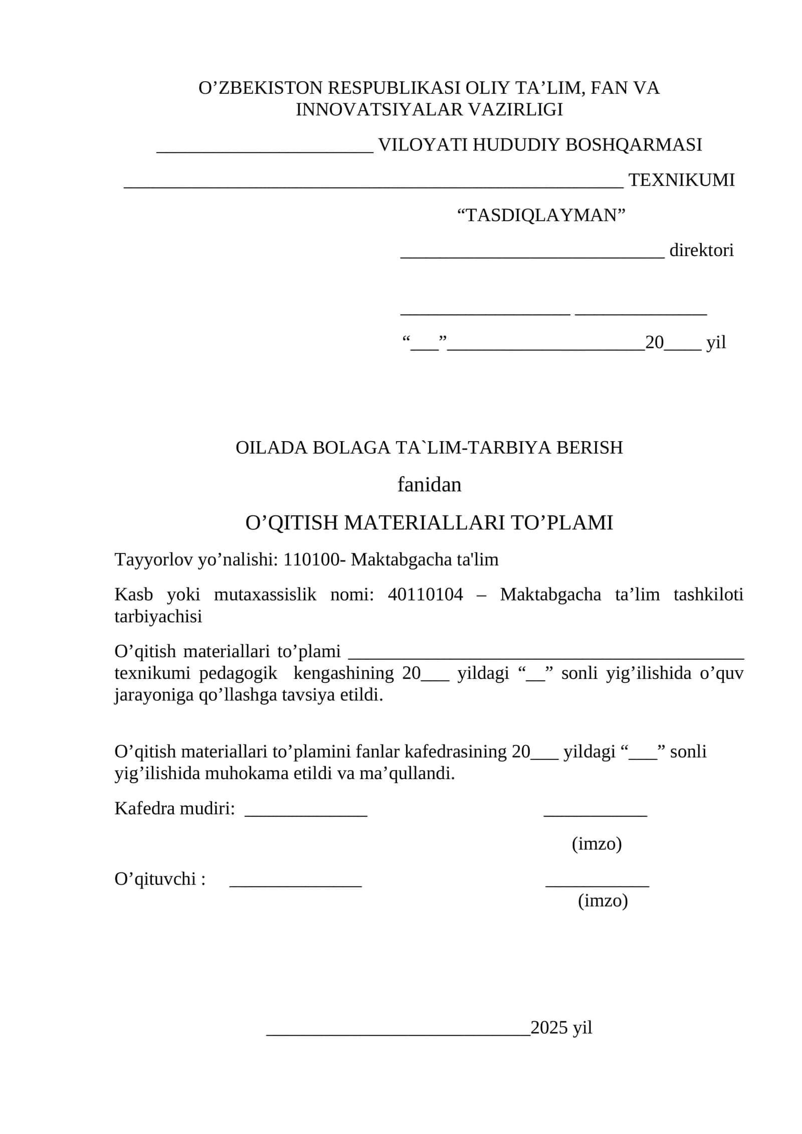O’QITISH MATERIALLARI TO’PLAMI