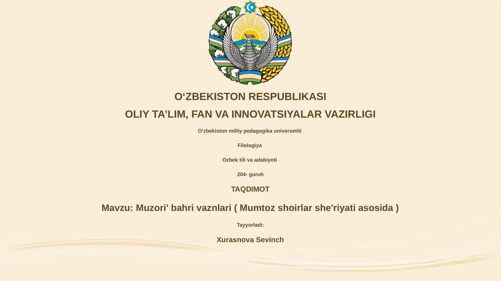 Muzori' bahri vaznlari ( Mumtoz shoirlar she'riyati asosida )
