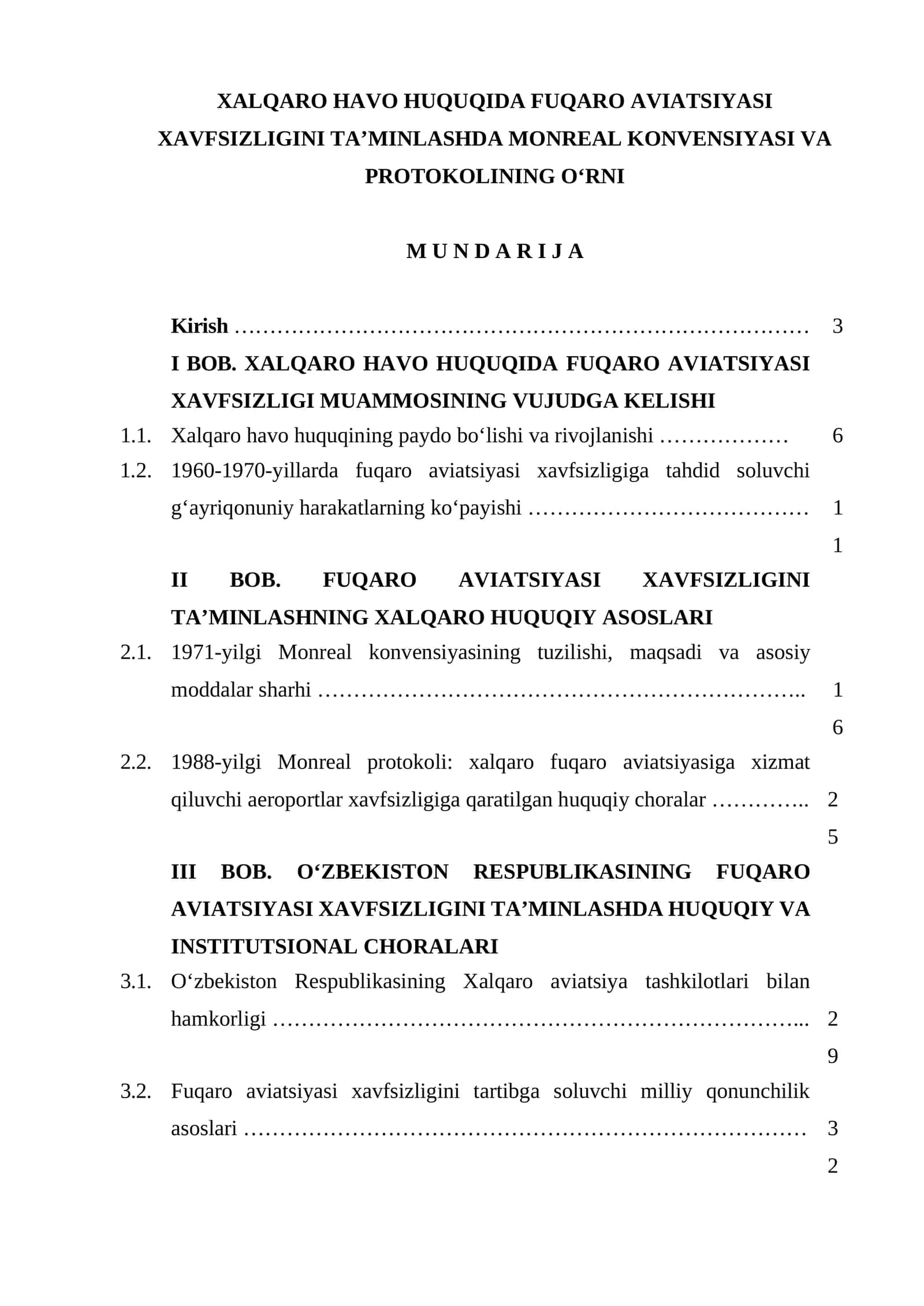 XALQARO HAVO HUQUQIDA FUQARO AVIATSIYASI XAVFSIZLIGINI TA’MINLASHDA MONREAL KONVENSIYASI VA PROTOKOLINING O‘RNI