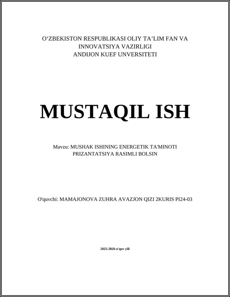 MUSHAK ISHINING ENERGETIK TA'MINOTI
