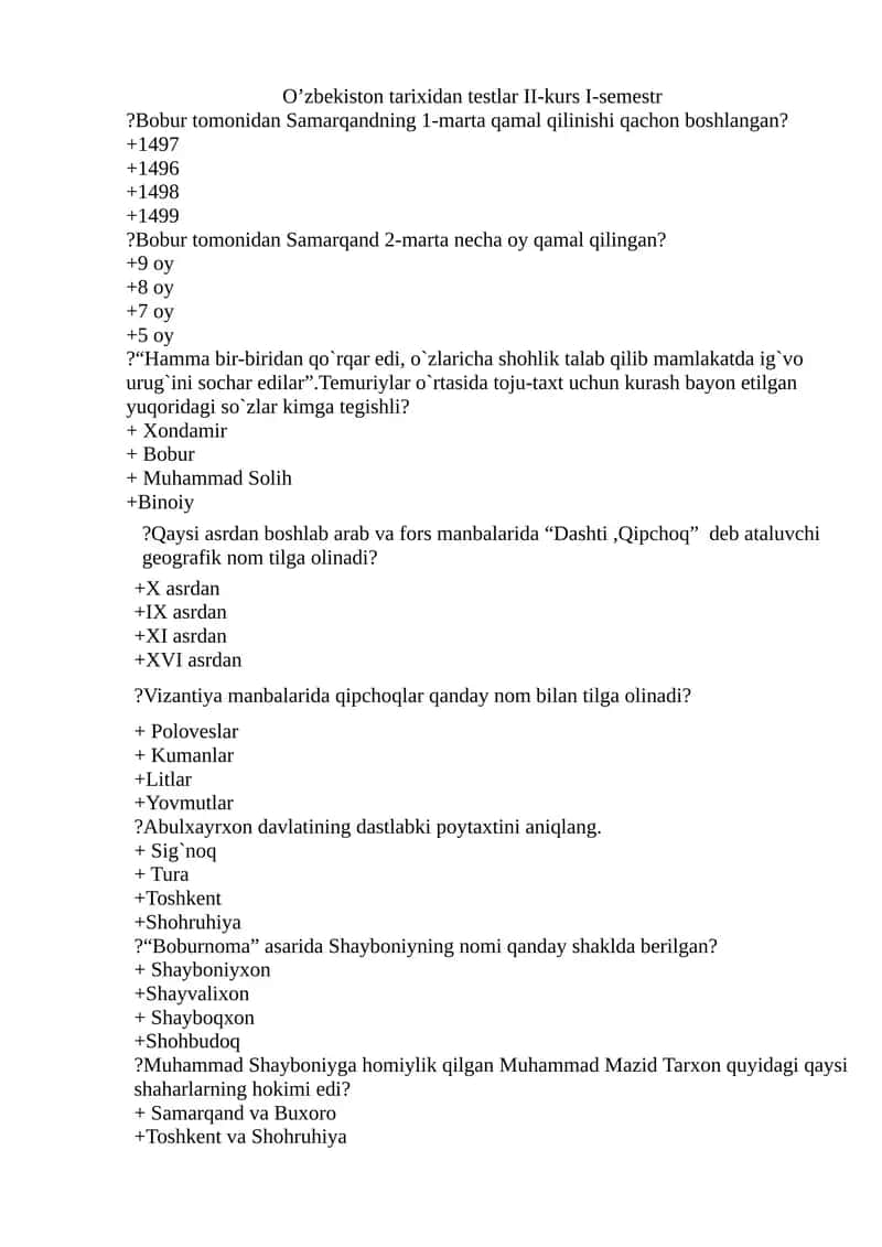 O’zbekiston tarixidan testlar II-kurs I-semestr