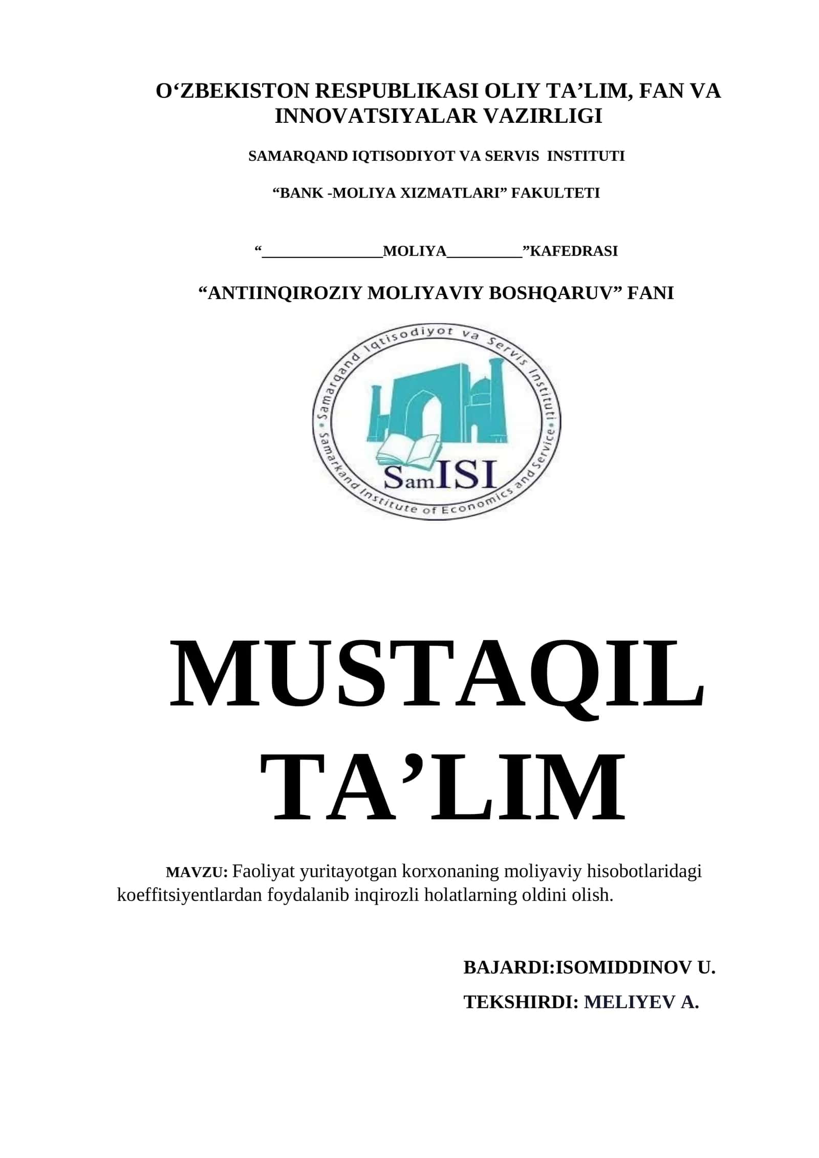 Moliyaviy koeffitsiyentlar va inqirozli holatlarning oldini olish