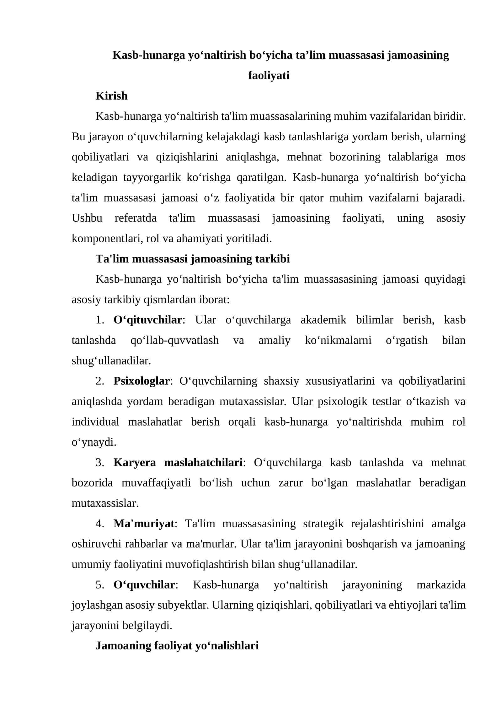 Kasb-hunarga yo‘naltirish bo‘yicha ta’lim muassasasi jamoasining faoliyati