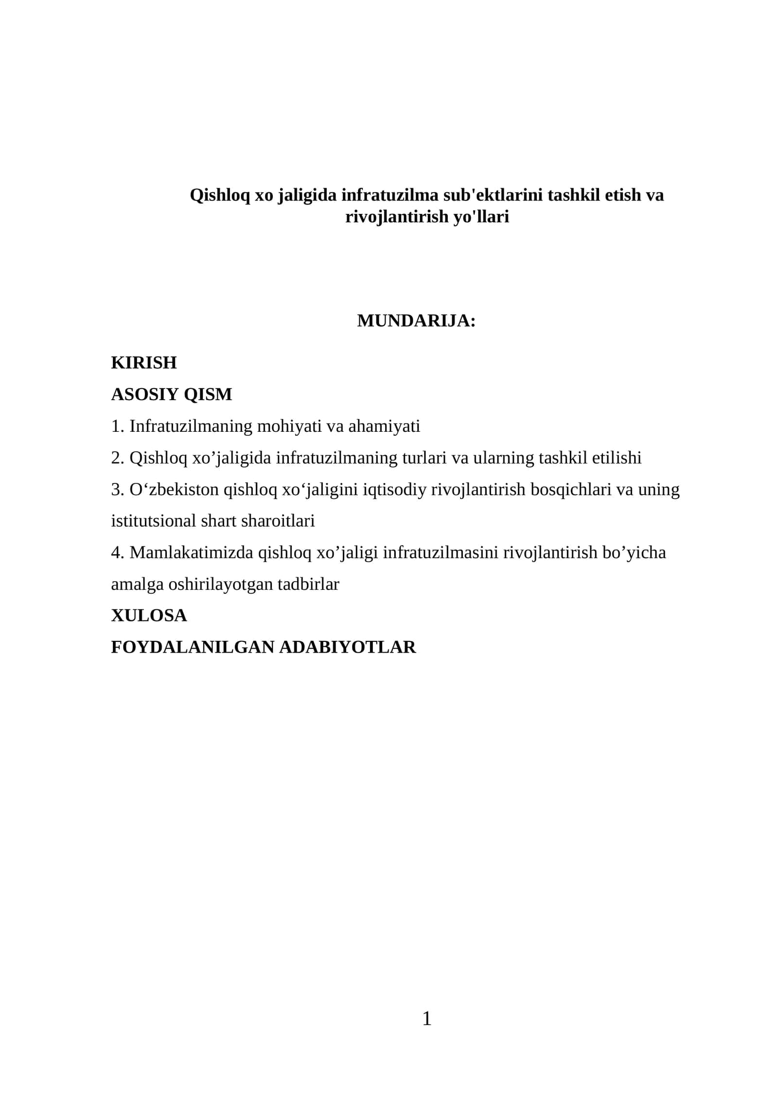 Qishloq xo‘jaligida infratuzilma sub'ektlarini tashkil etish va rivojlantirish yo'llari