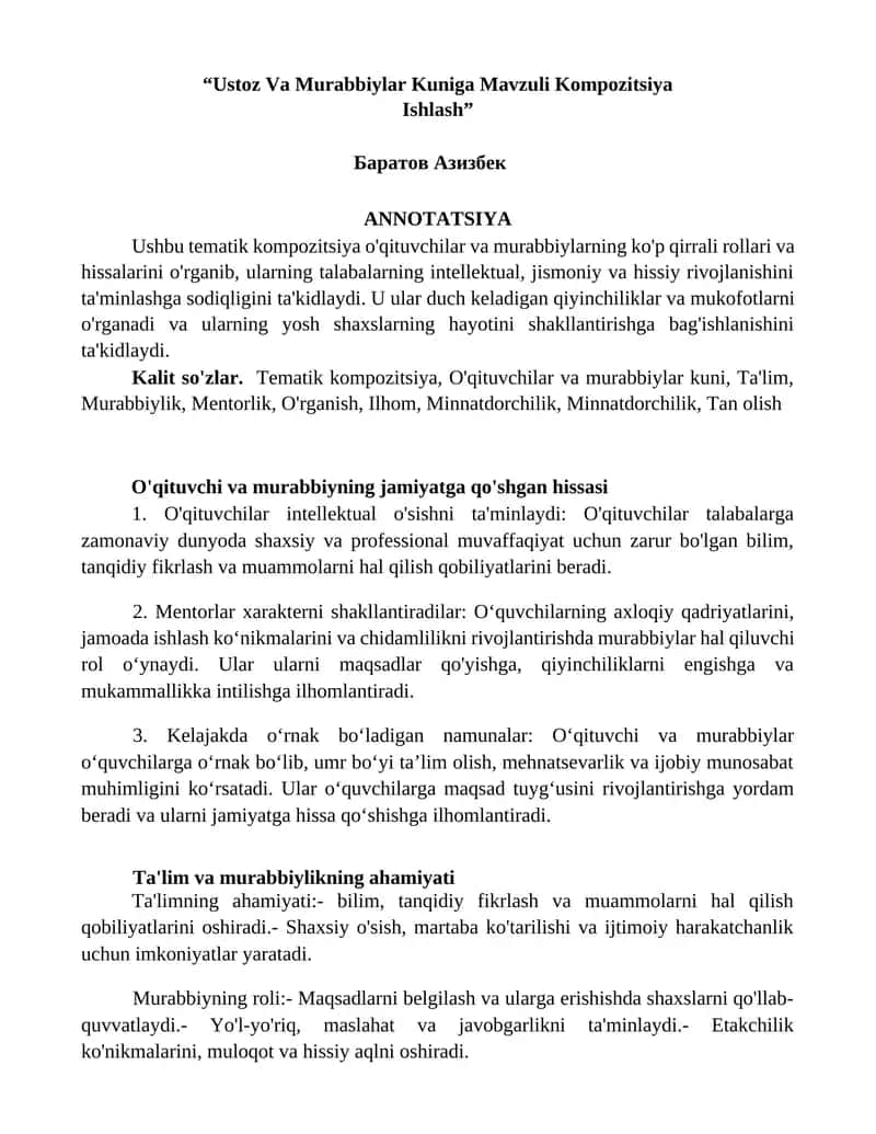 Ustoz Va Murabbiylar Kuniga Mavzuli Kompozitsiya Ishlash