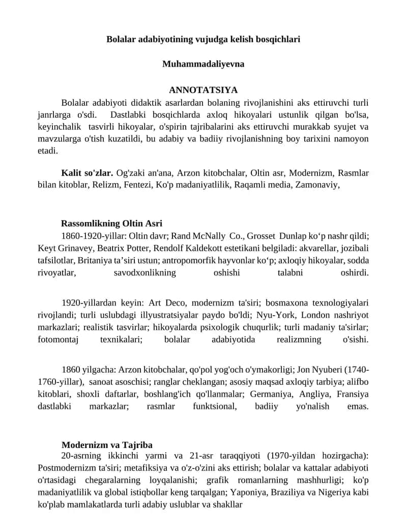 Bolalar adabiyotining vujudga kelish bosqichlari