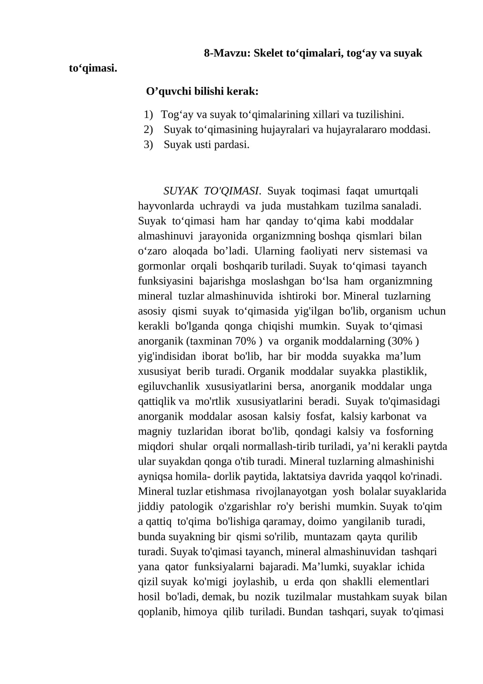 Skelet to‘qimalari, tog‘ay va suyak to‘qimasi