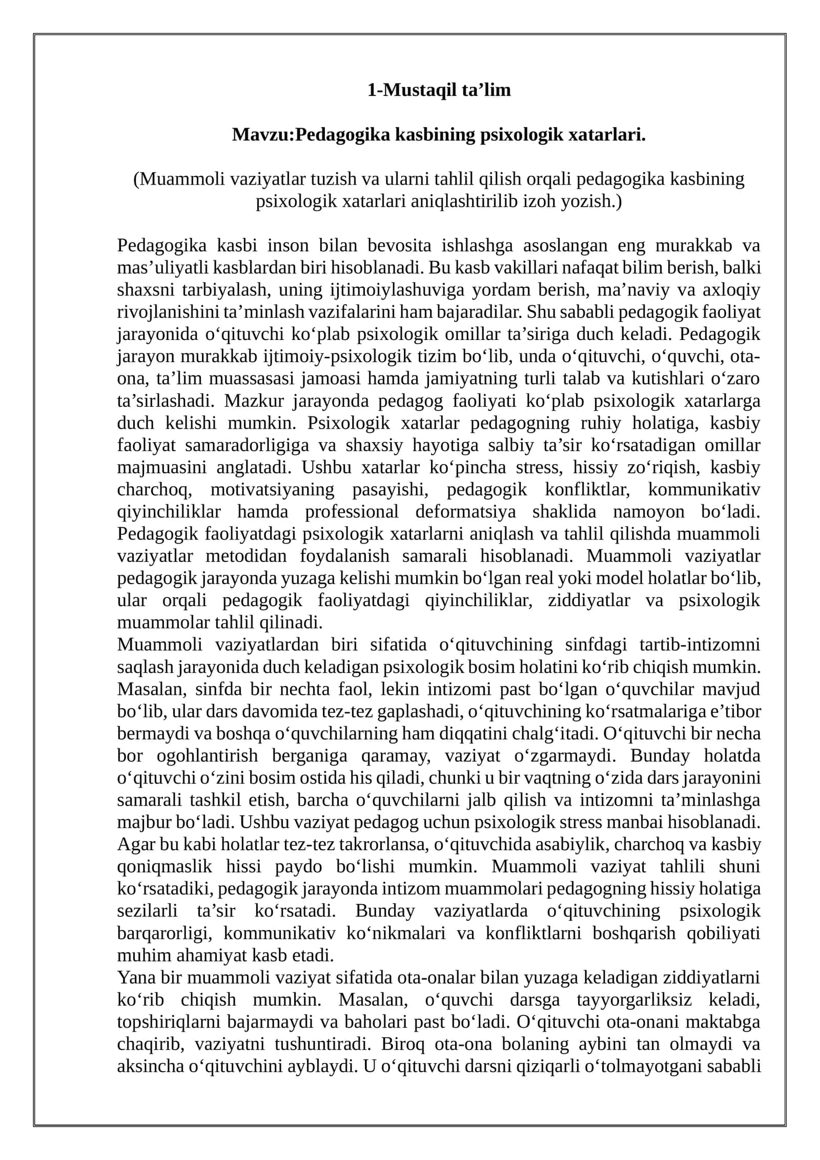Pedagogika kasbining psixologik xatarlari.
