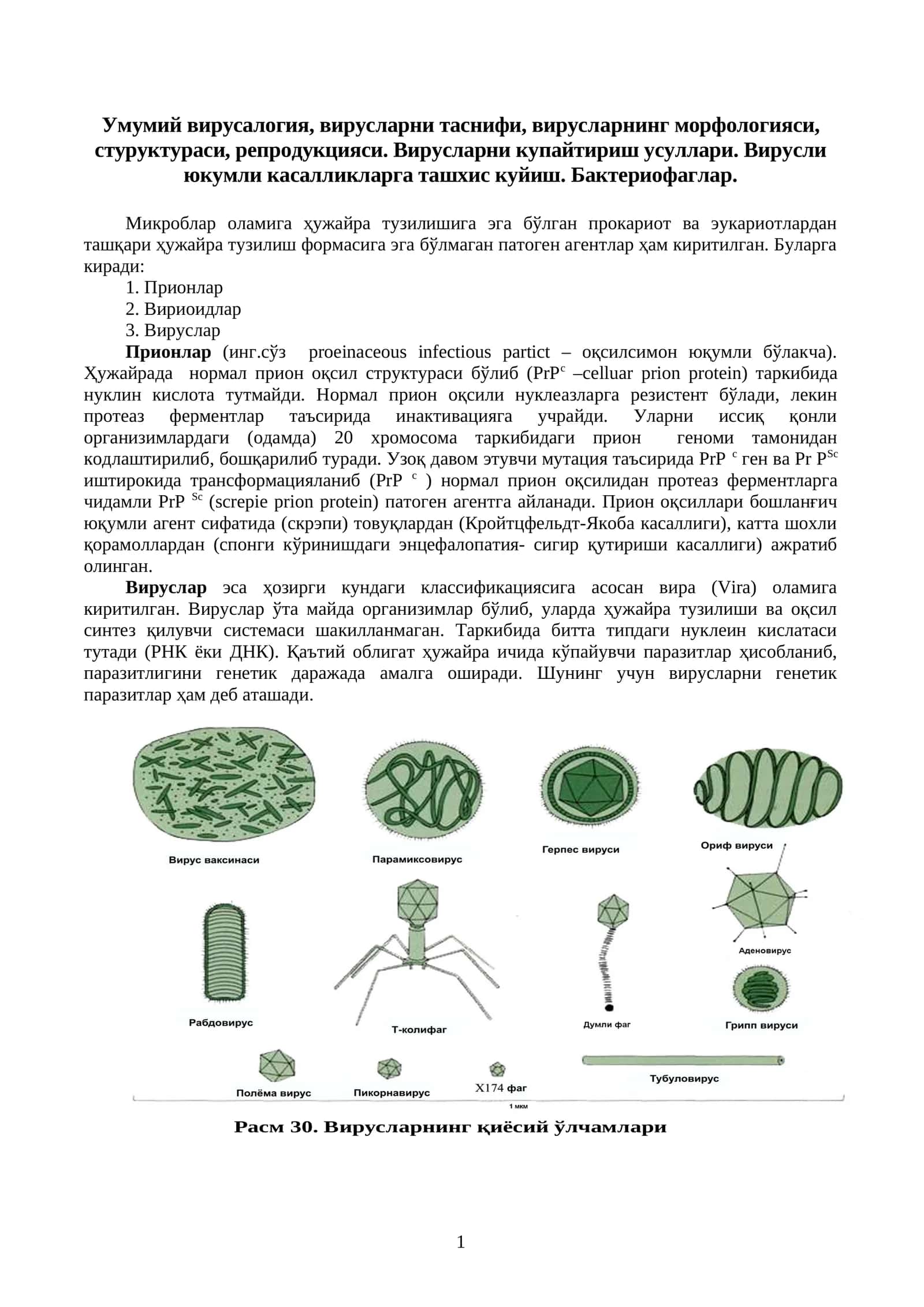 Умумий вирусалогия, вирусларни таснифи, вирусларнинг морфологияси, стуруктураси, репродукцияси. Вирусларни купайтириш усуллари. Вирусли юкумли касалликларга ташхис куйиш. Бактериофаглар