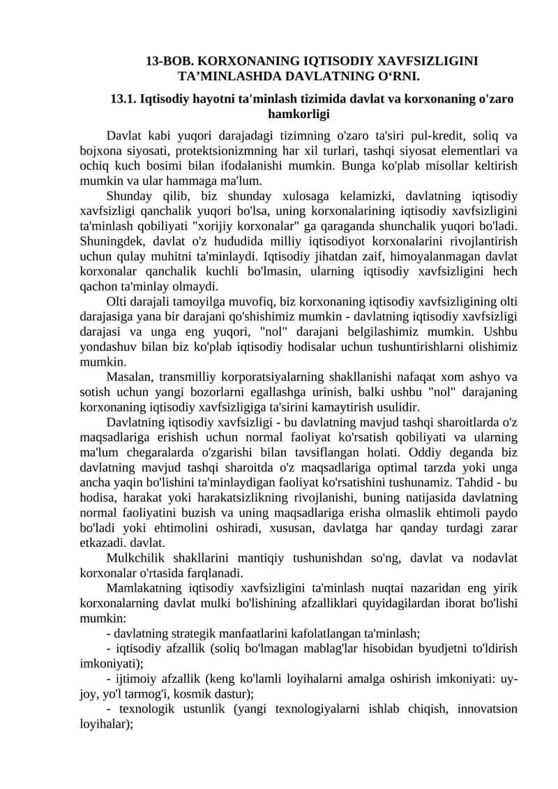 BOB. KORXONANING IQTISODIY XAVFSIZLIGINI TA’MINLASHDA DAVLATNING O‘RNI
