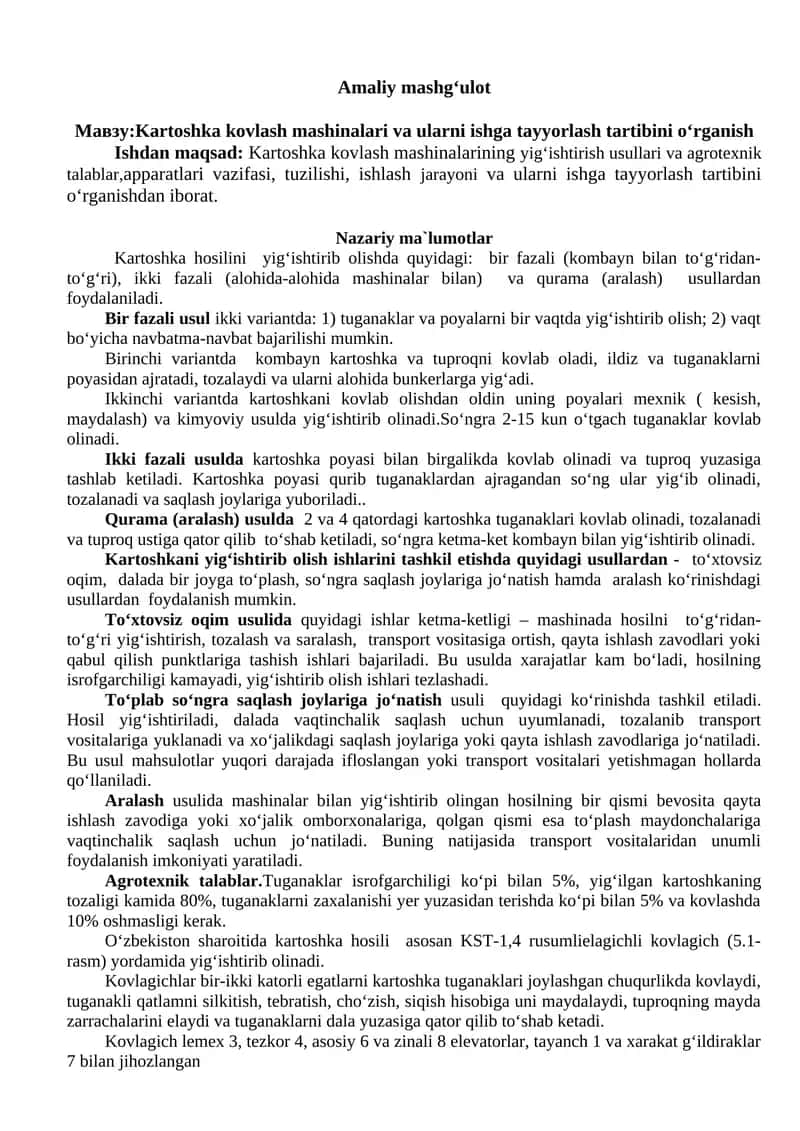 Kartoshka kovlash mashinalari va ularni ishga tayyorlash tartibini о‘rganish
