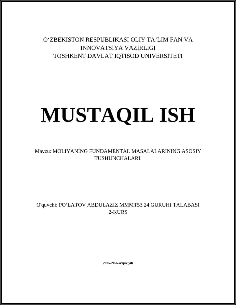MOLIYANING FUNDAMENTAL MASALALARINING ASOSIY TUSHUNCHALARI