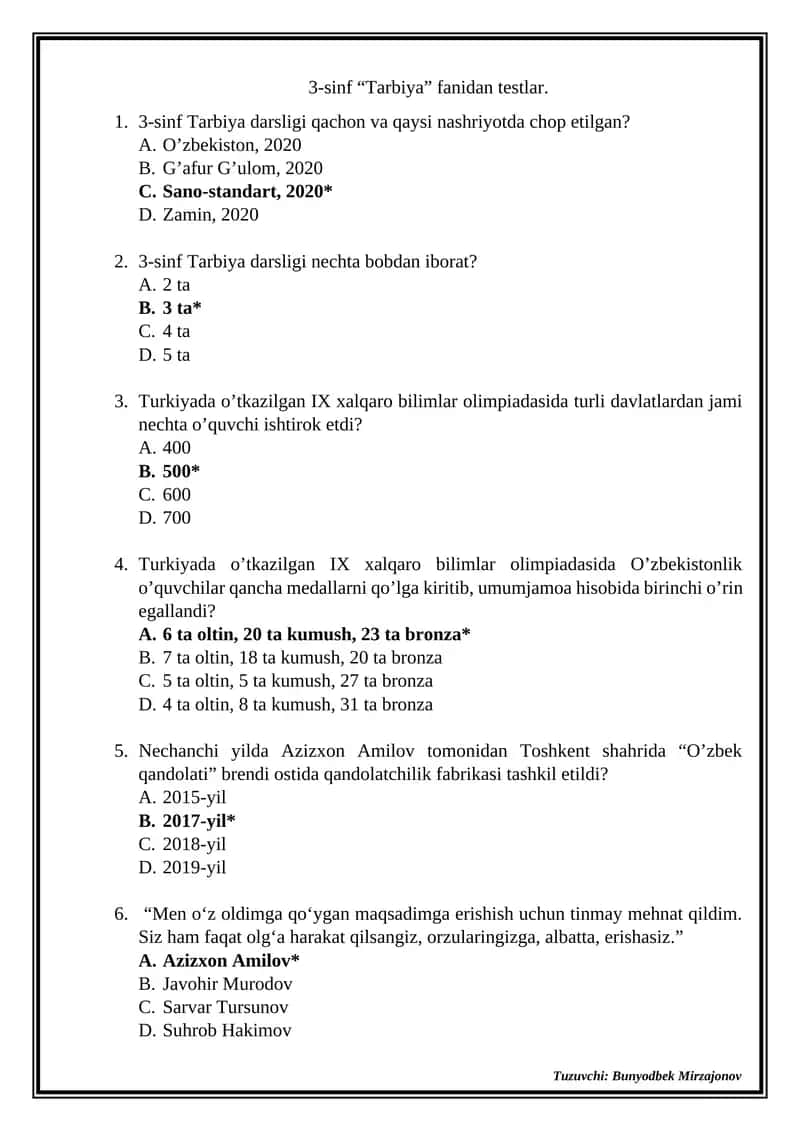 3-sinf “Tarbiya” fanidan testlar