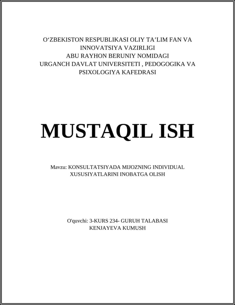 KONSULTATSIYADA MIJOZNING INDIVIDUAL XUSUSIYATLARINI INOBATGA OLISH
