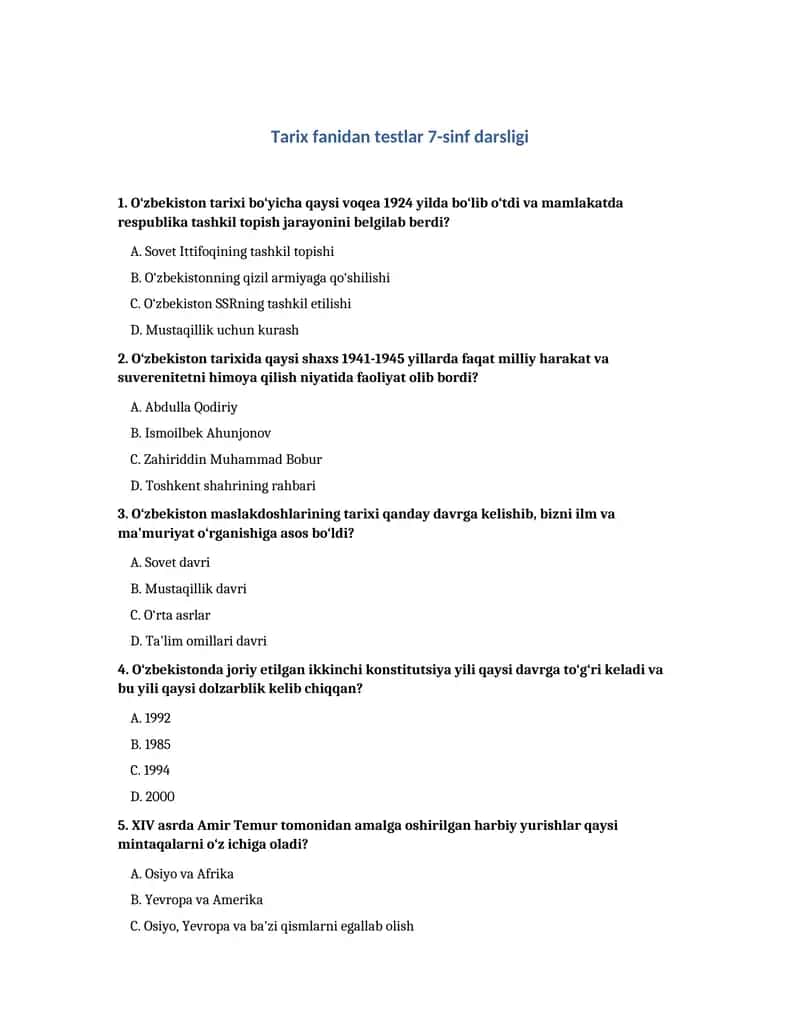 Tarix fanidan testlar 7-sinf darsligi