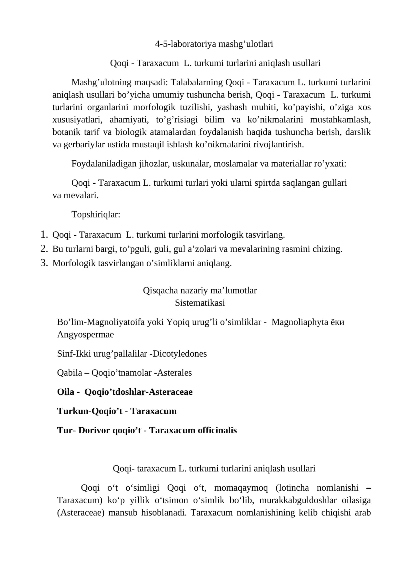 Qoqi - Taraxacum L. turkumi turlarini aniqlash usullari